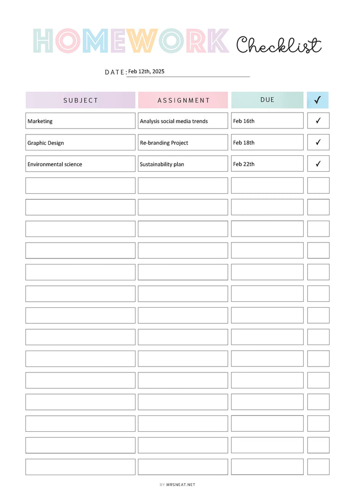 Homework Checklist Template Printable - M540 – mrsneat