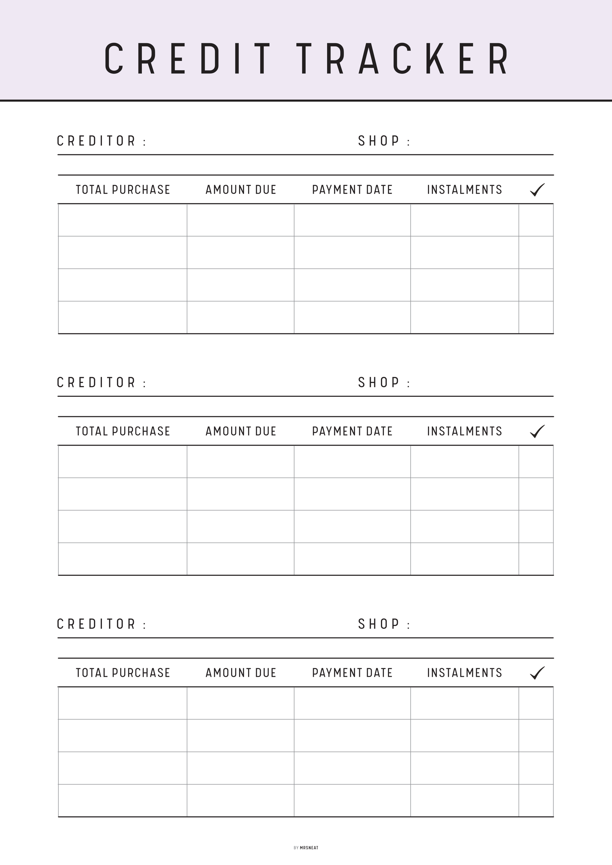 Credit tracker form with columns for creditor, shop, total purchase, amount due, payment date, and instalments on a light purple background.