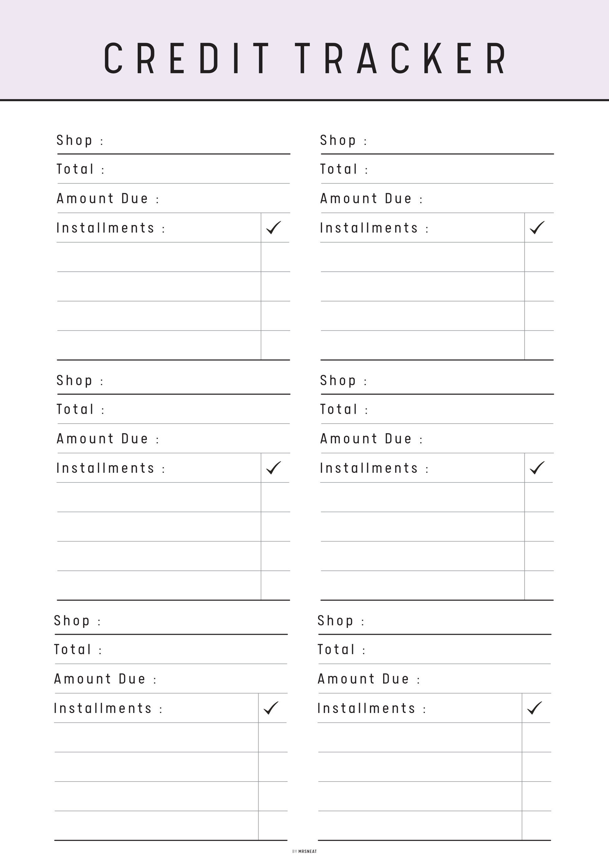 Credit tracker form with columns for shops, totals, amount due, and installments on a white background.
