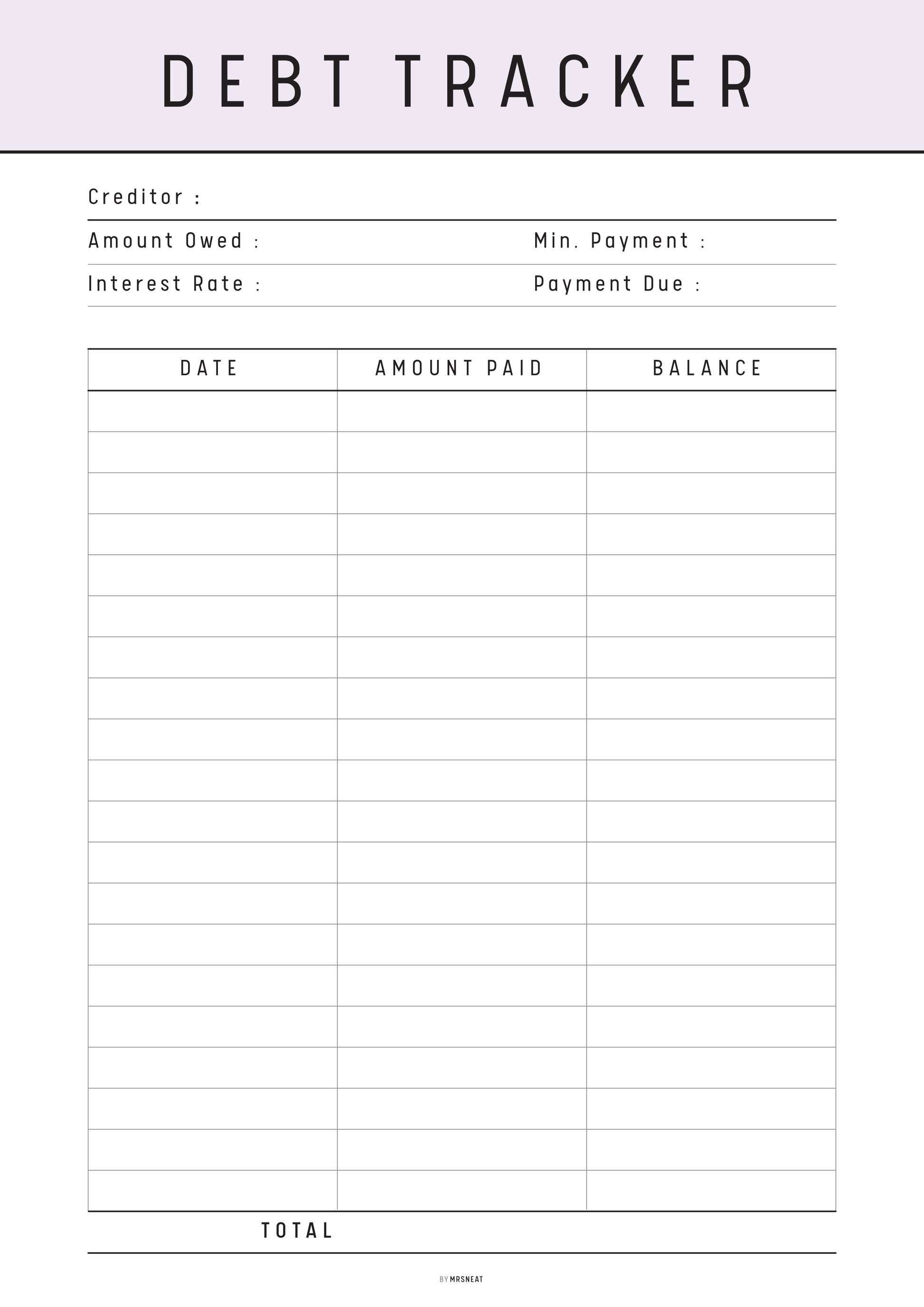 Debt tracker sheet with columns for creditor, amount owed, interest rate, min. payment, payment due, date, amount paid, and balance.