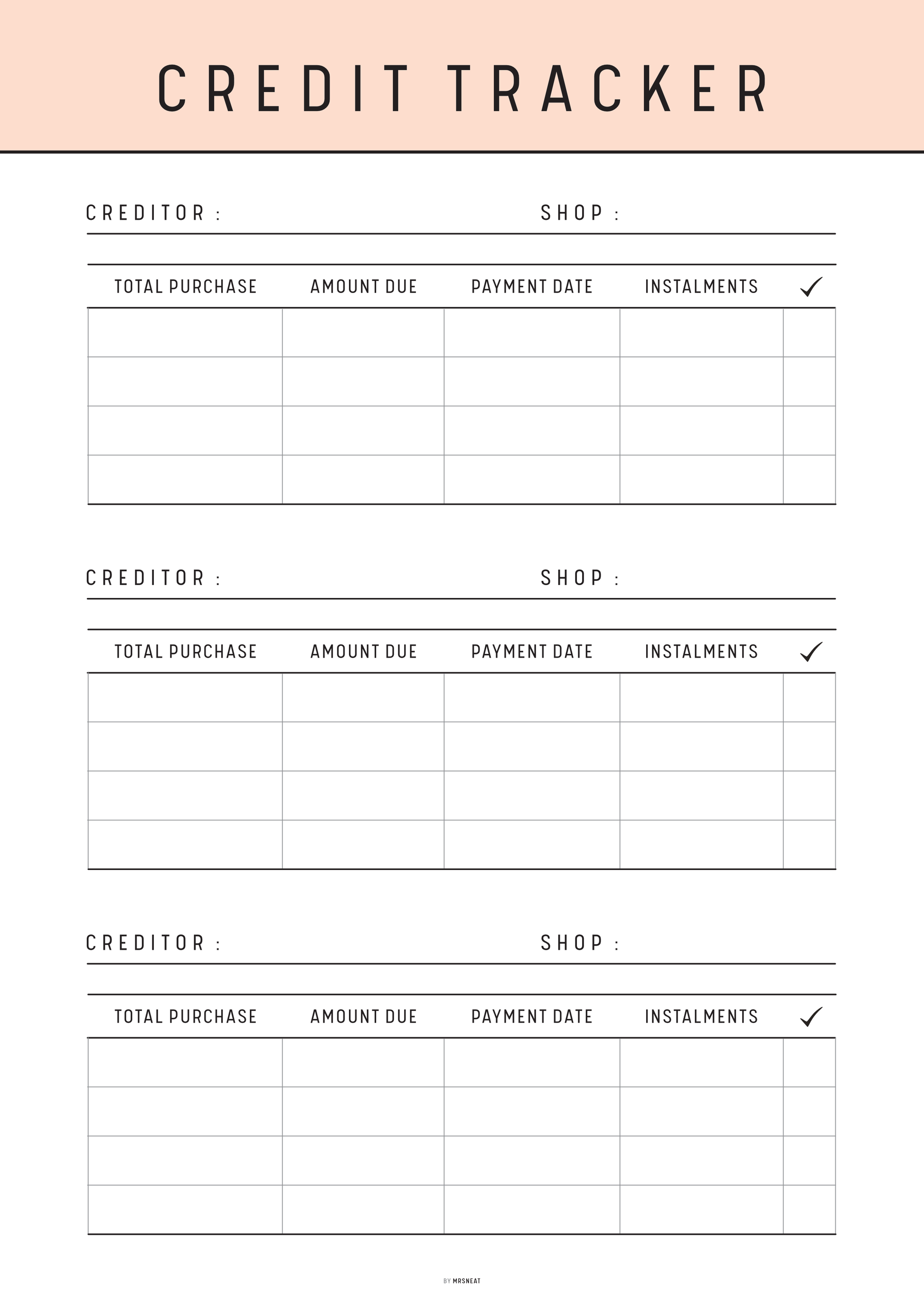 Credit tracker sheet with columns for creditor, shop, total purchase, amount due, payment date, and instalments on a pink background.