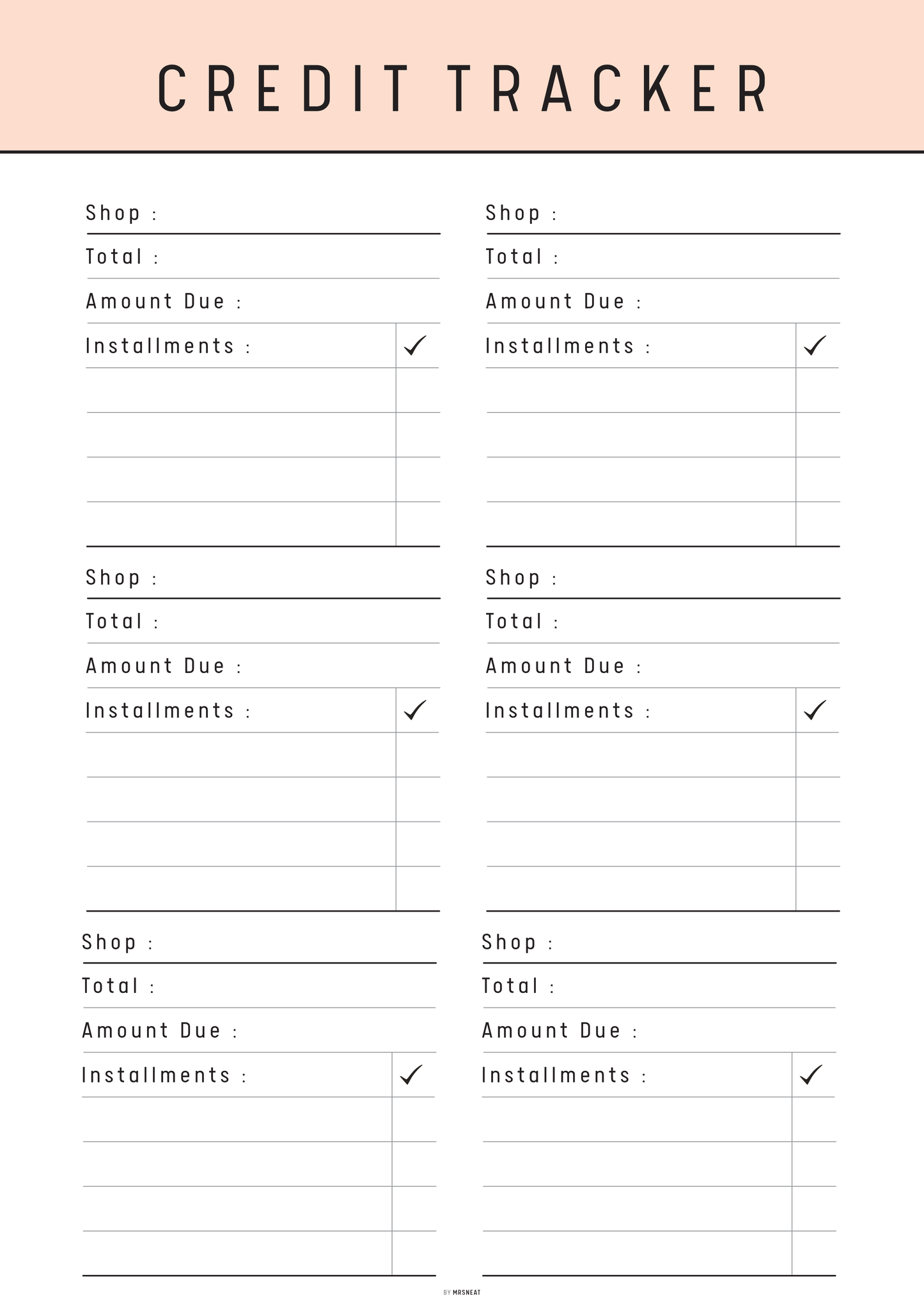 Credit tracker sheet with columns for shops, totals, amount due, and installments on a white background.