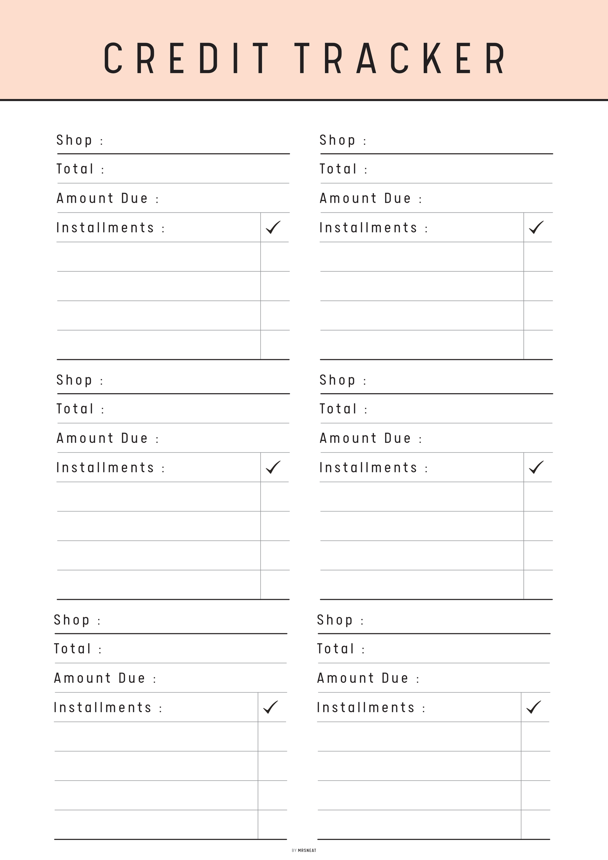 Credit tracker sheet with columns for shops, totals, amount due, and installments on a white background.