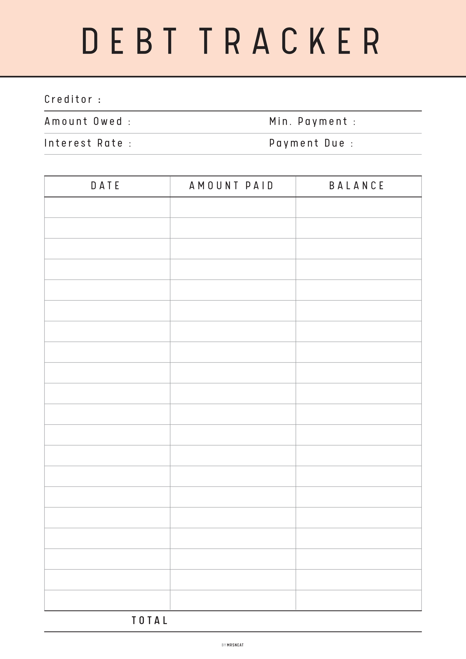 Debt tracker sheet with columns for creditor, amount owed, interest rate, min. payment, payment due, date, amount paid, and balance.