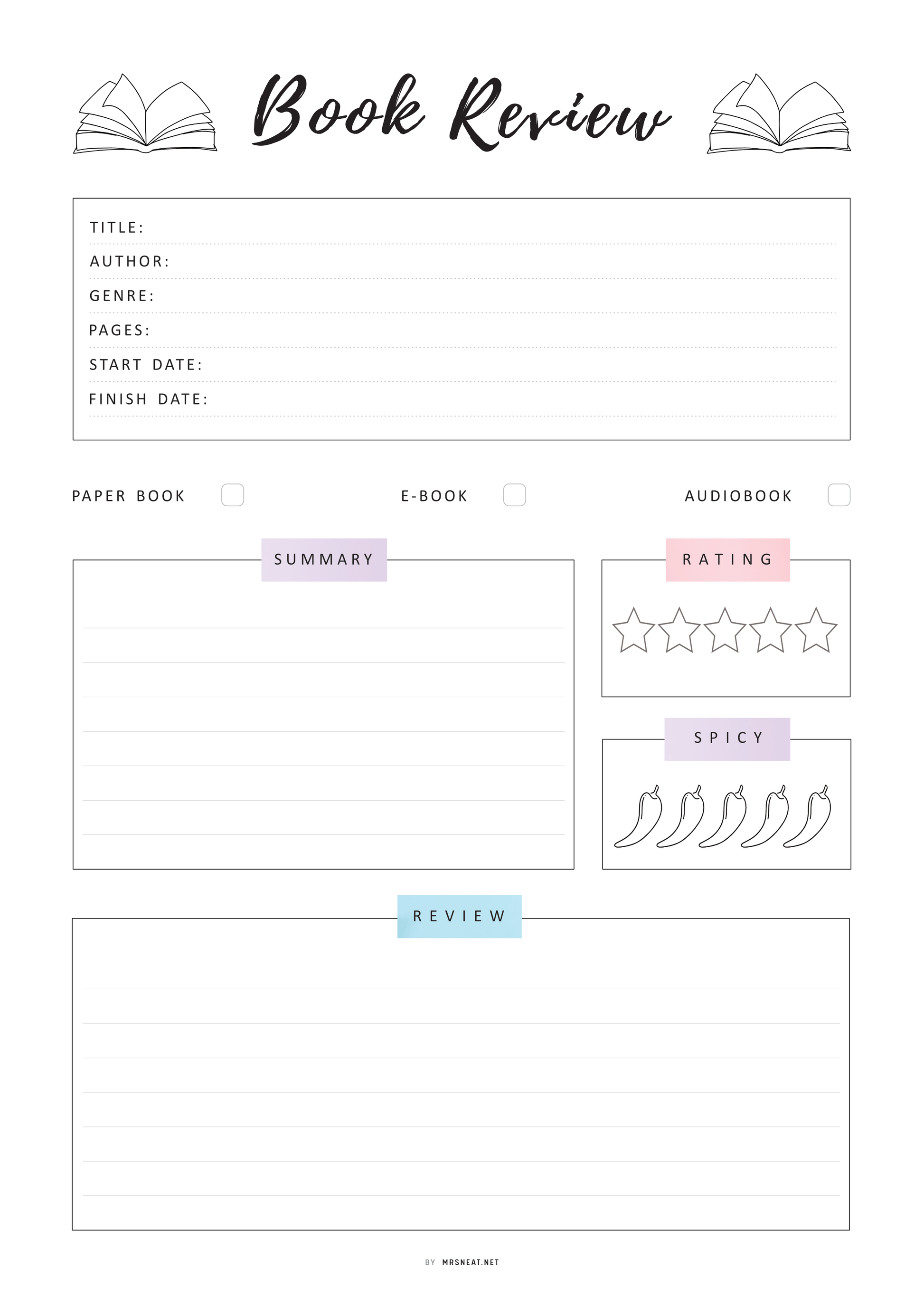 Book Review Template PRINTABLE, Book Review Journal, Book Review Page, Reading Journal Page, 4 Versions, A4, A5, Letter, Half Letter, PDF