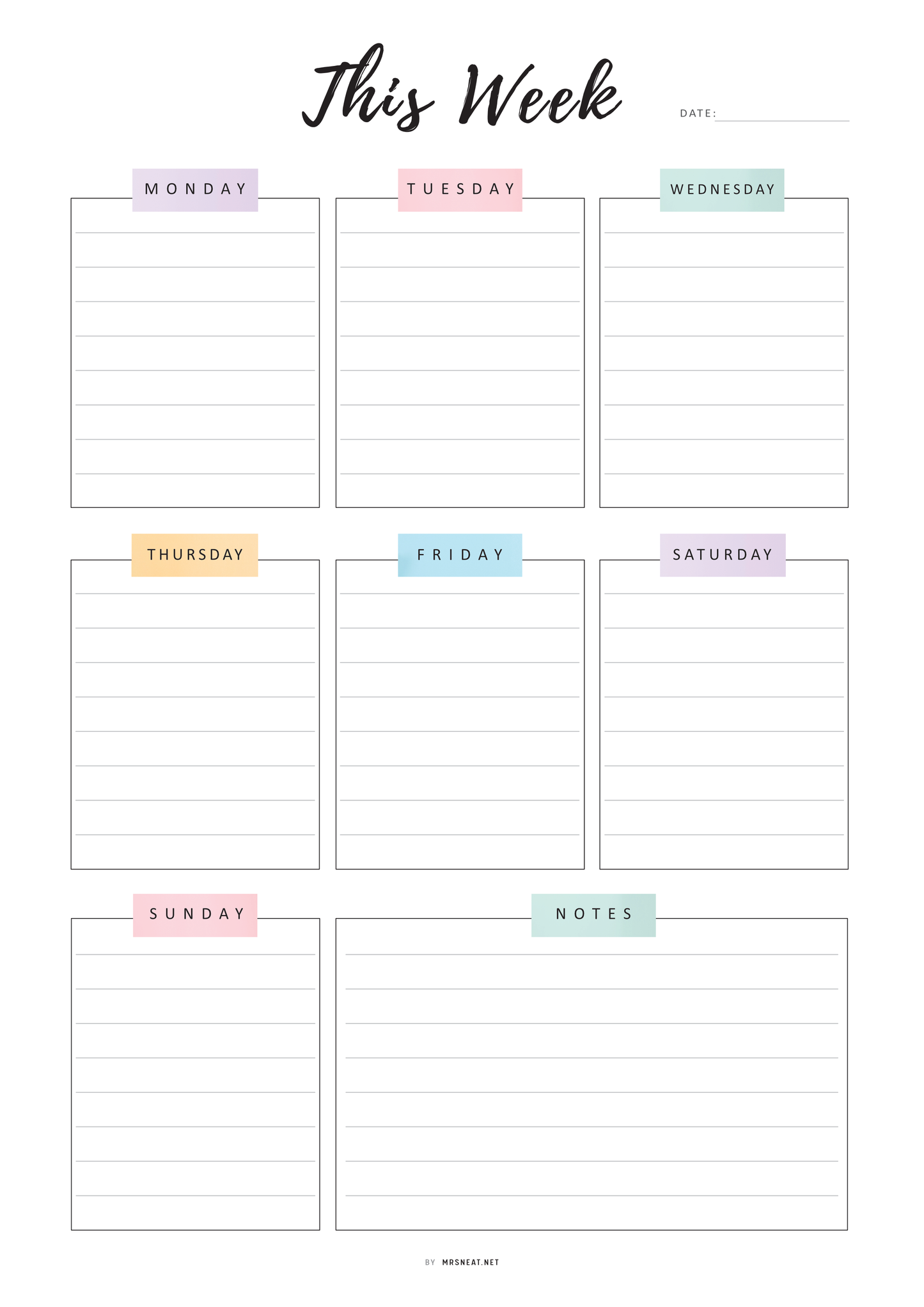 Weekly planner with days of the week and notes section.