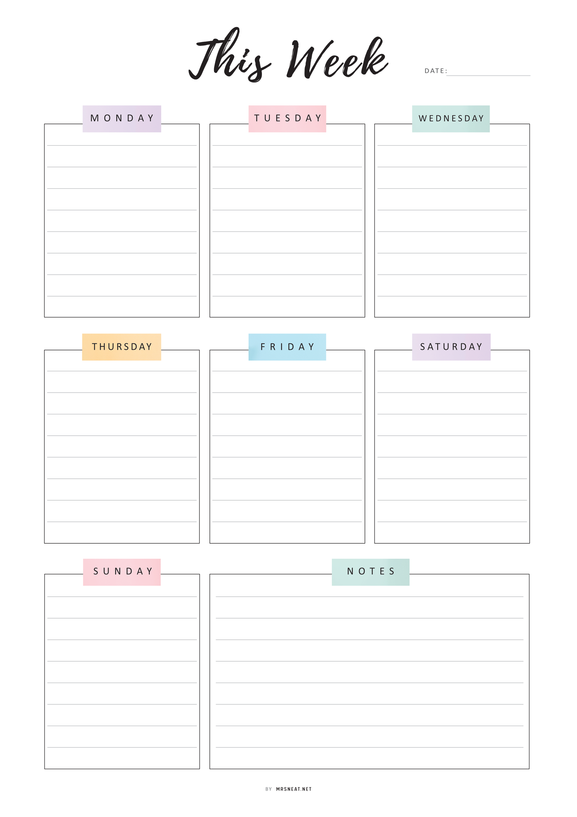 Weekly planner with days of the week and notes section.