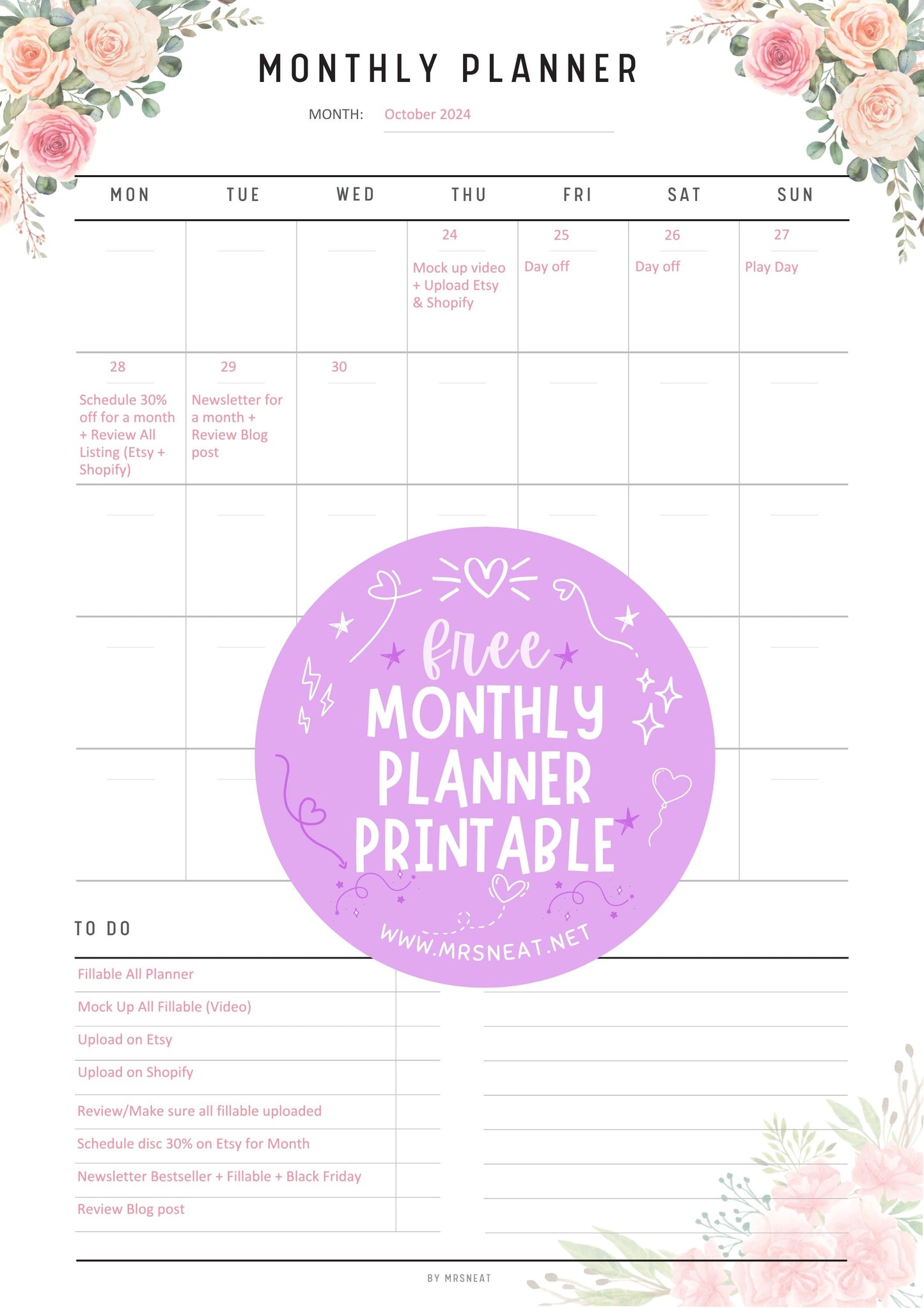 Cute Beautiful Aesthetic Floral Rose Gold Undated Monthly Planner Printable