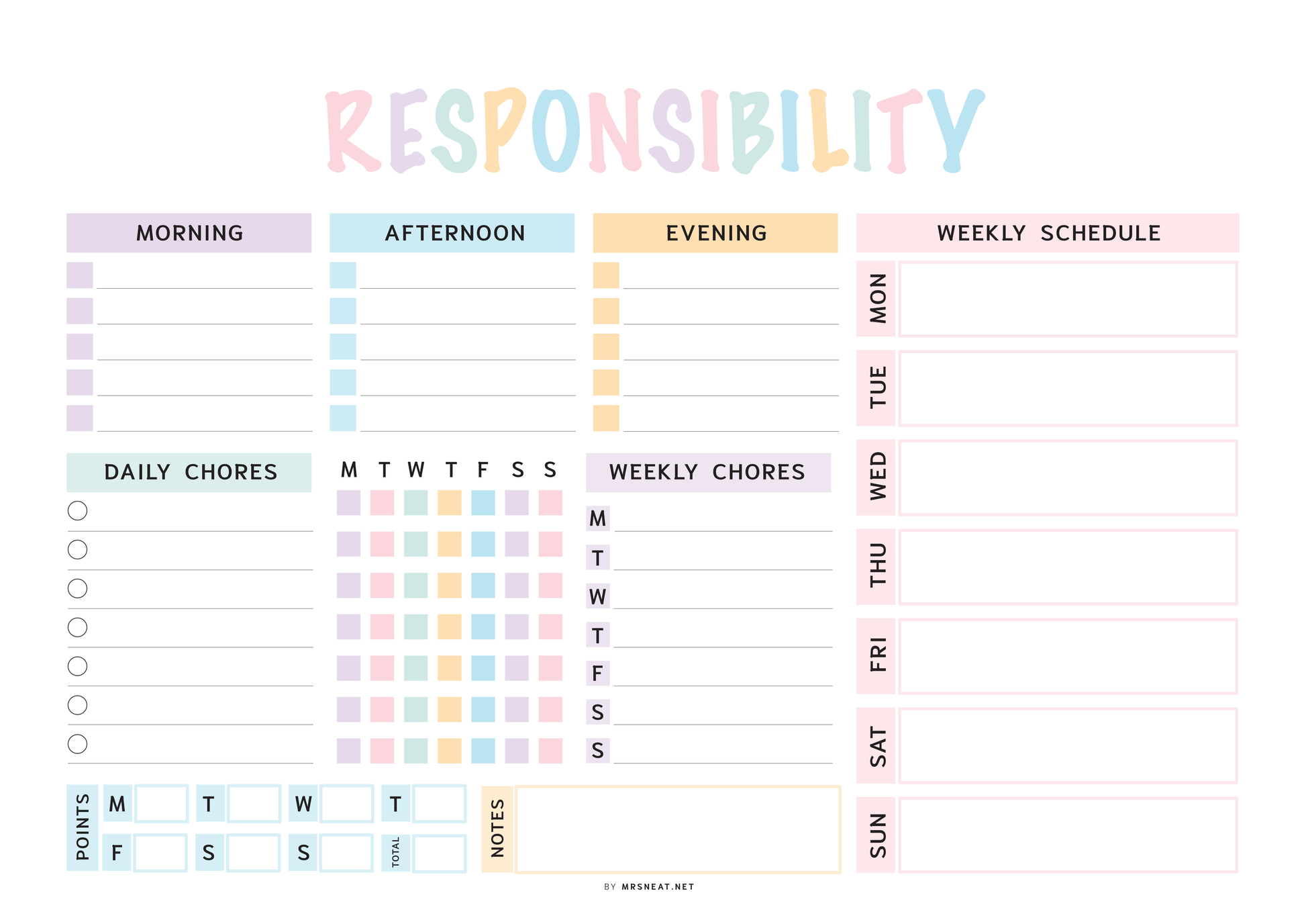 Responsibility chart with daily chores, weekly chores, and points tracker on a white background