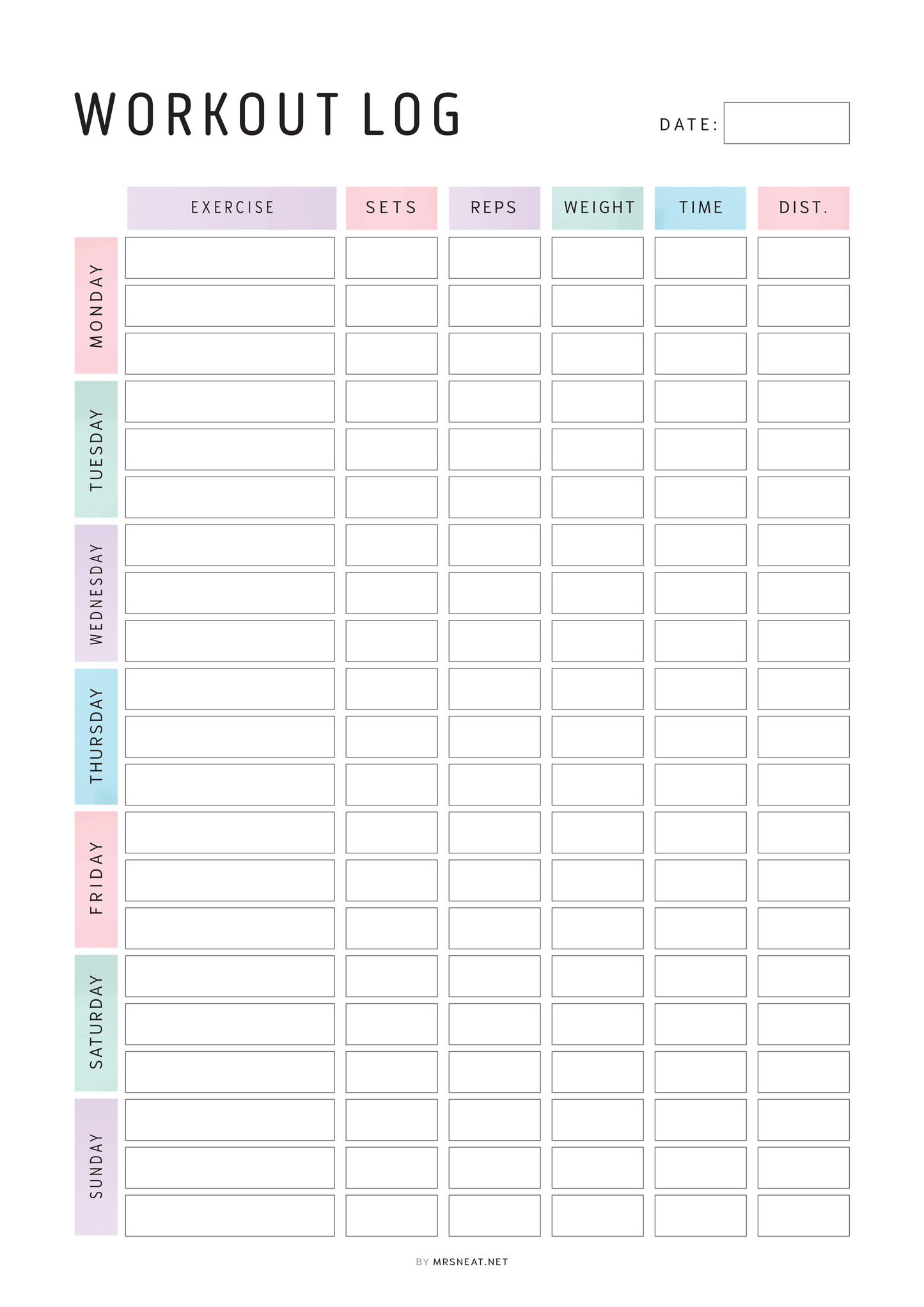 Colorful Editable Weekly Workout Log Printable PDF