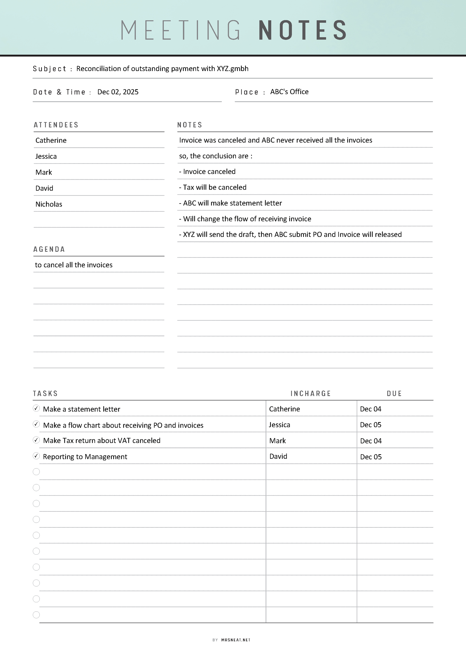 Meeting notes document with text and checkboxes on a white background