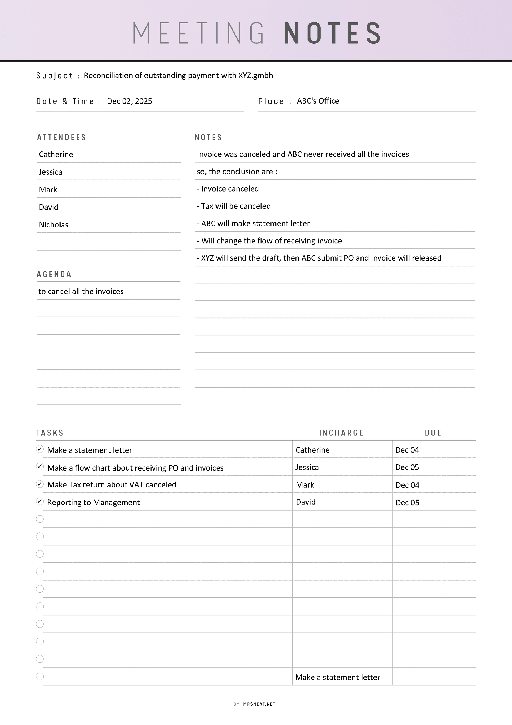 Meeting notes document with a purple header and white background