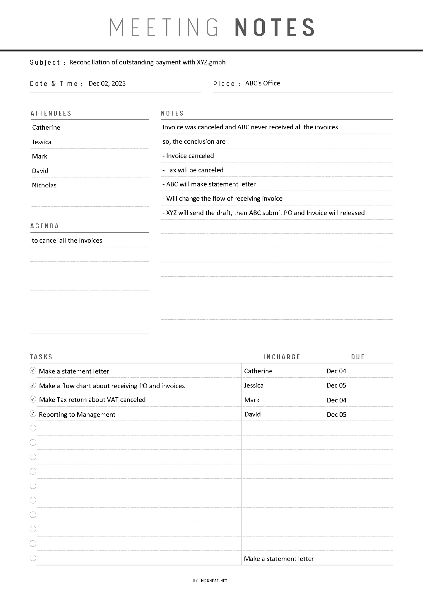 Meeting notes document with headings and text on a white background
