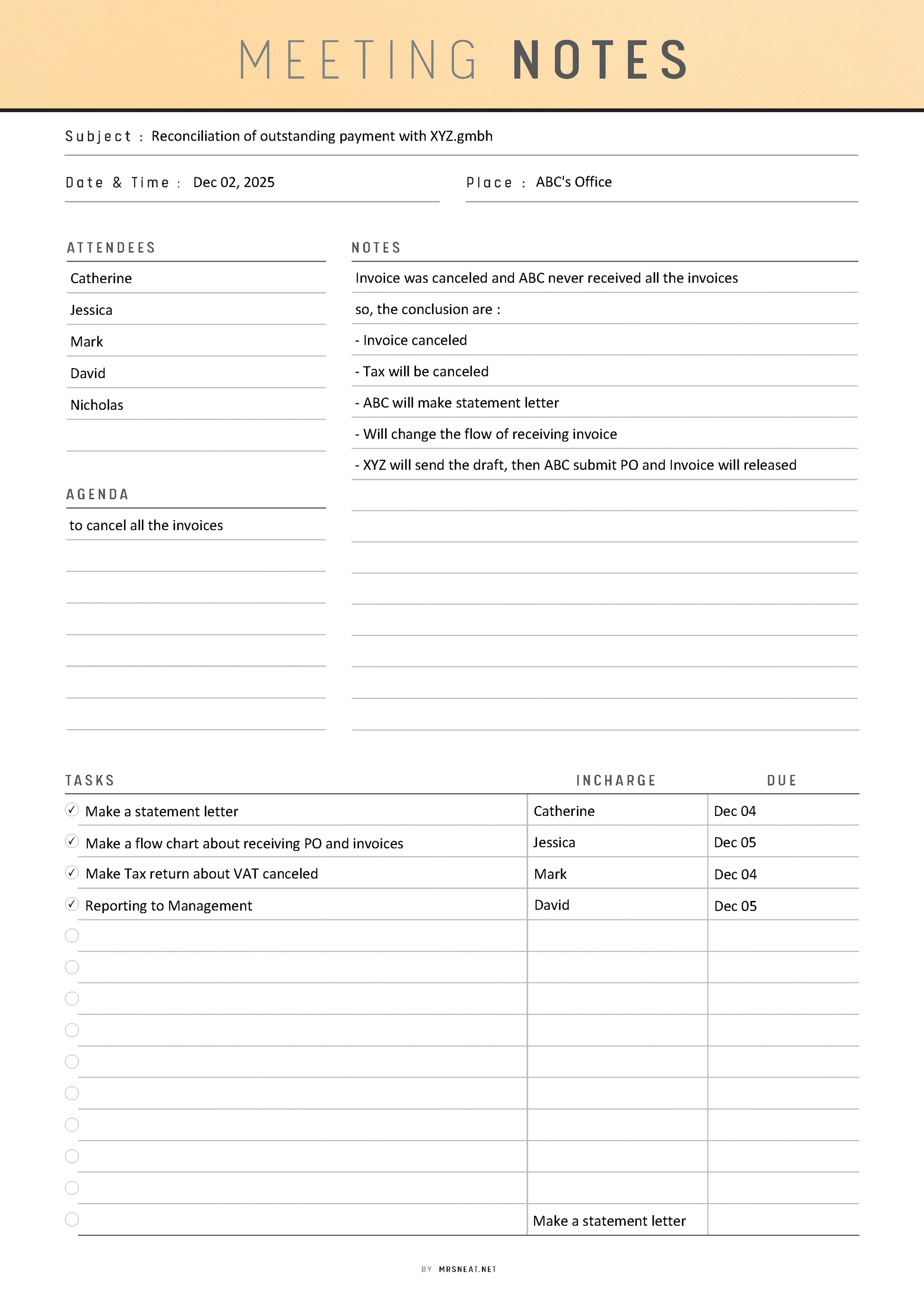 Meeting notes document with a beige header and black text on a white background