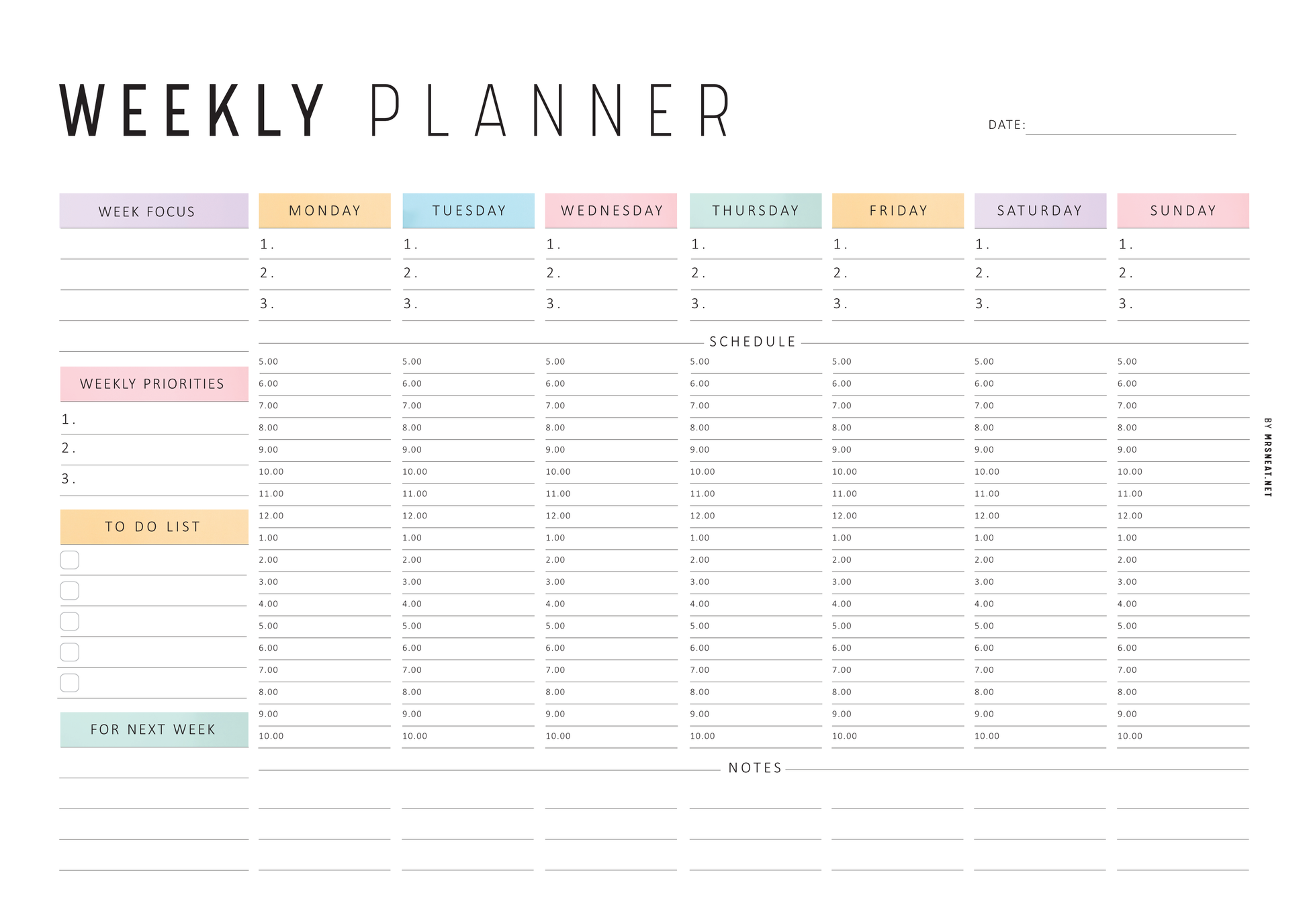 Weekly planner  Monday start with color-coded days of the week and sections for focus, priorities, schedule, and notes.