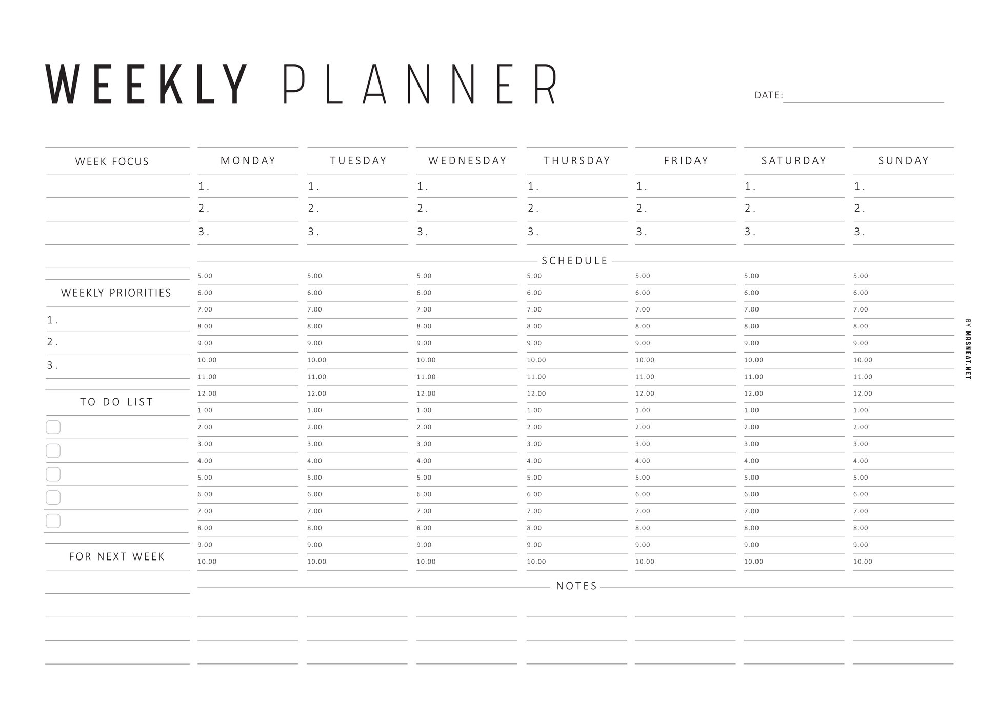 Weekly planner Monday start with days of the week and sections for focus, priorities, schedule, to-do list, and notes.