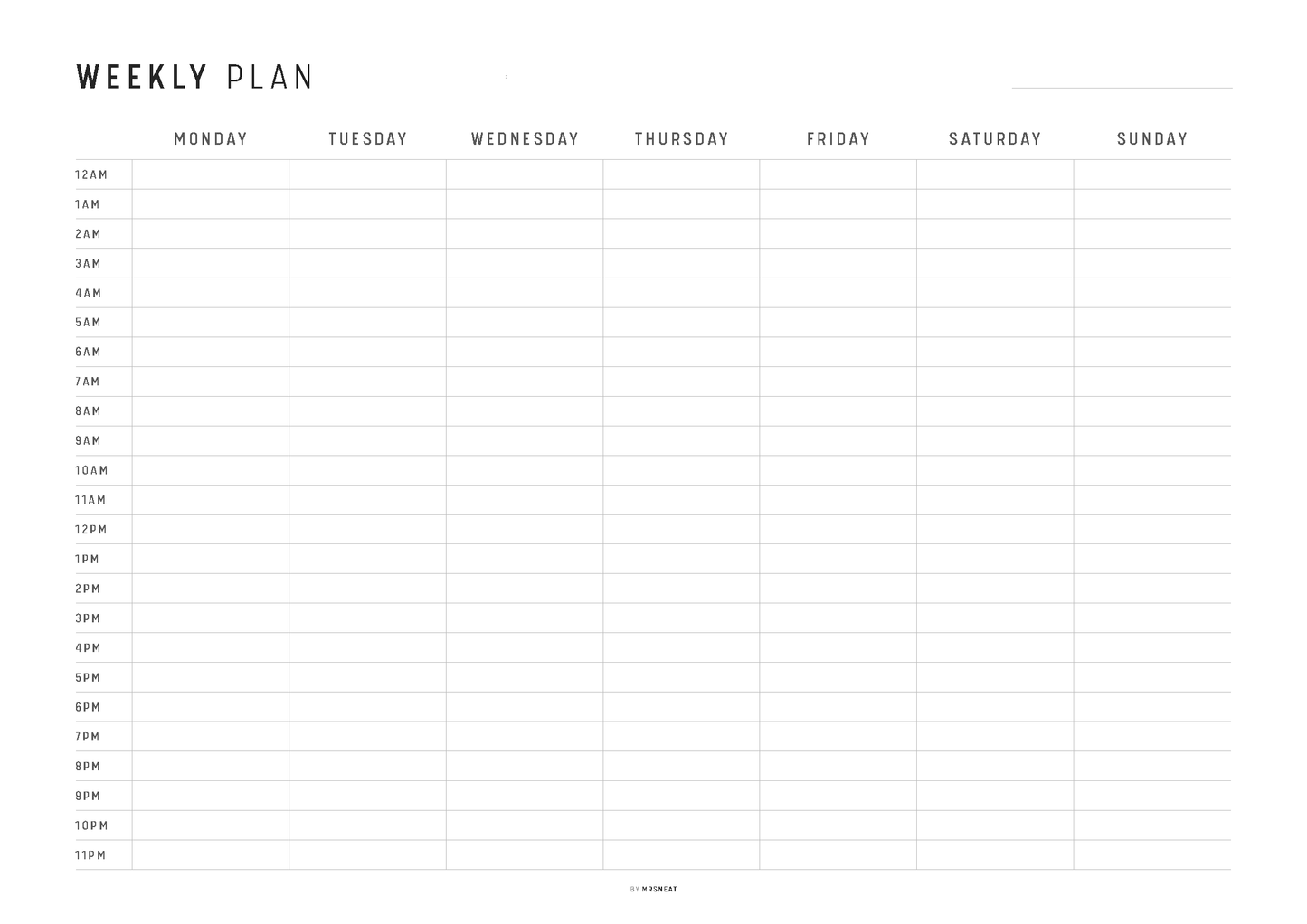 Weekly plan template with time slots for each day on a white background