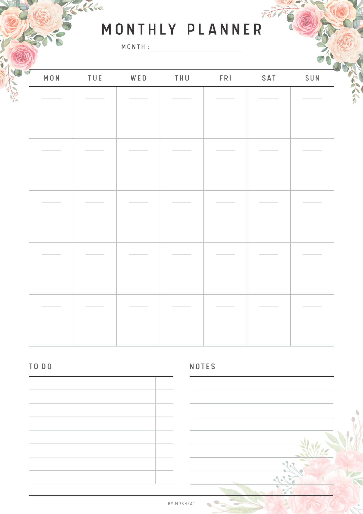 Monthly planner with floral designs at the top and bottom, and sections for days of the week and notes.