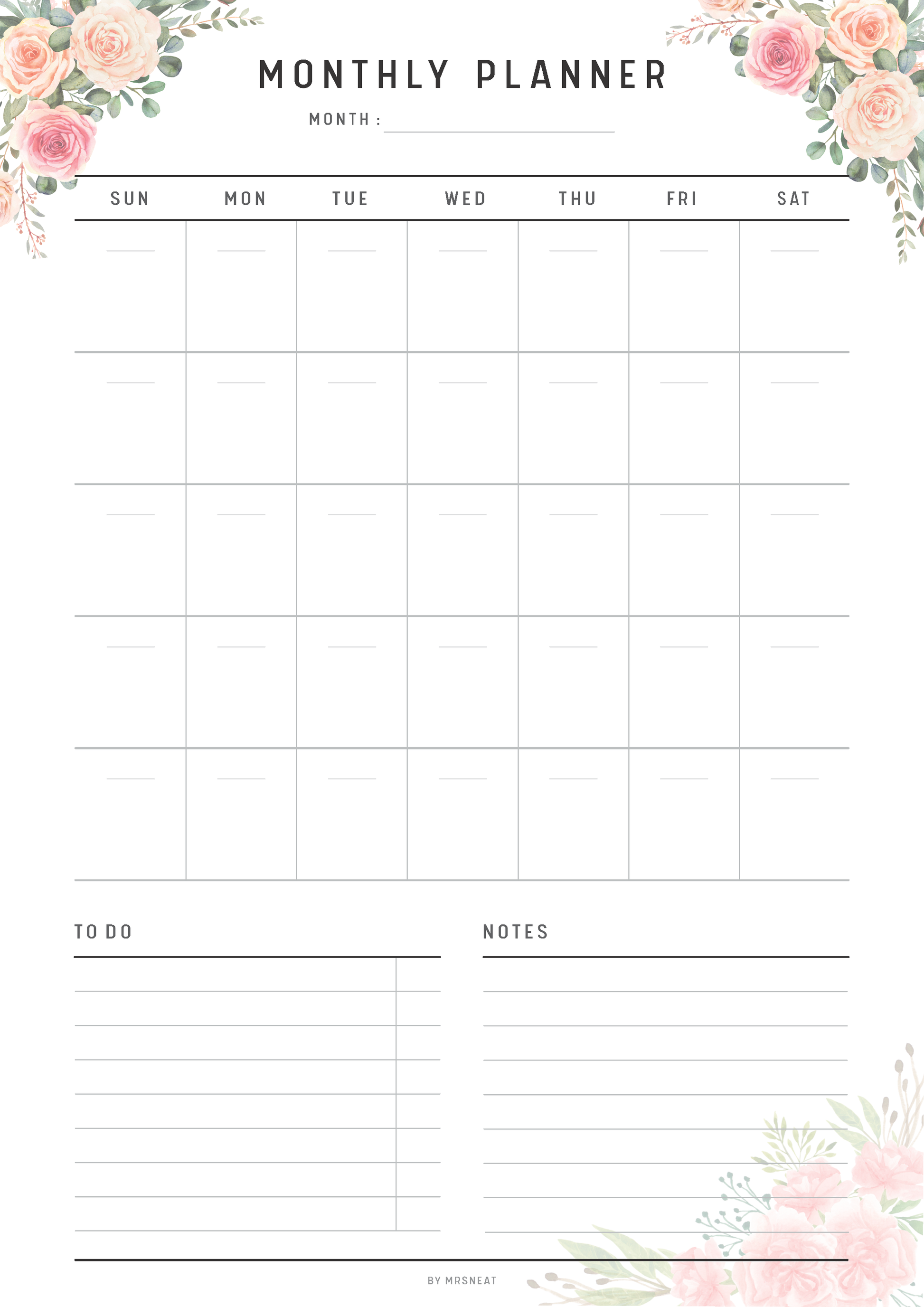 Monthly planner with floral designs at the top and bottom corners on a white background.