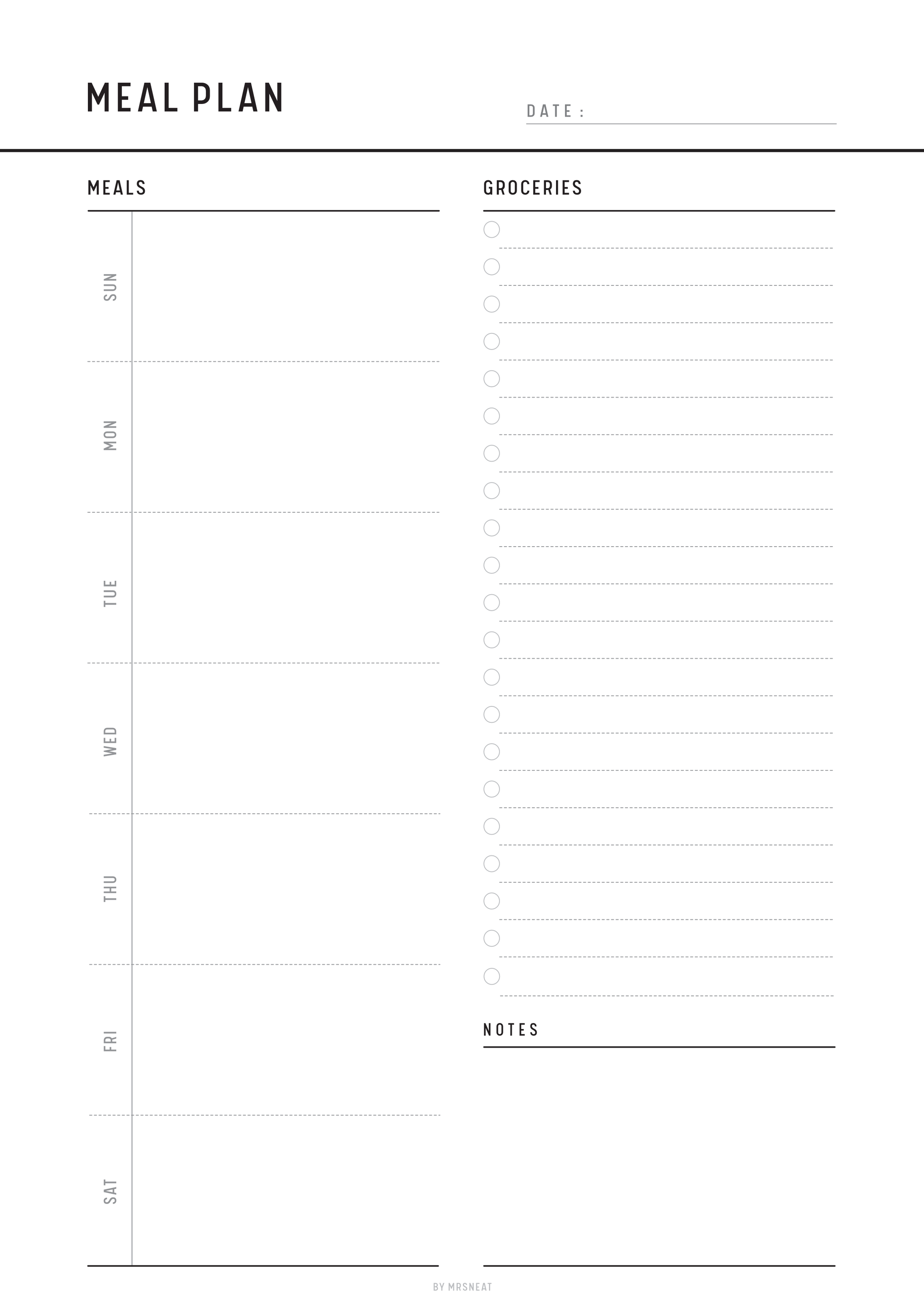 Meal plan template with columns for meals, groceries, and notes.