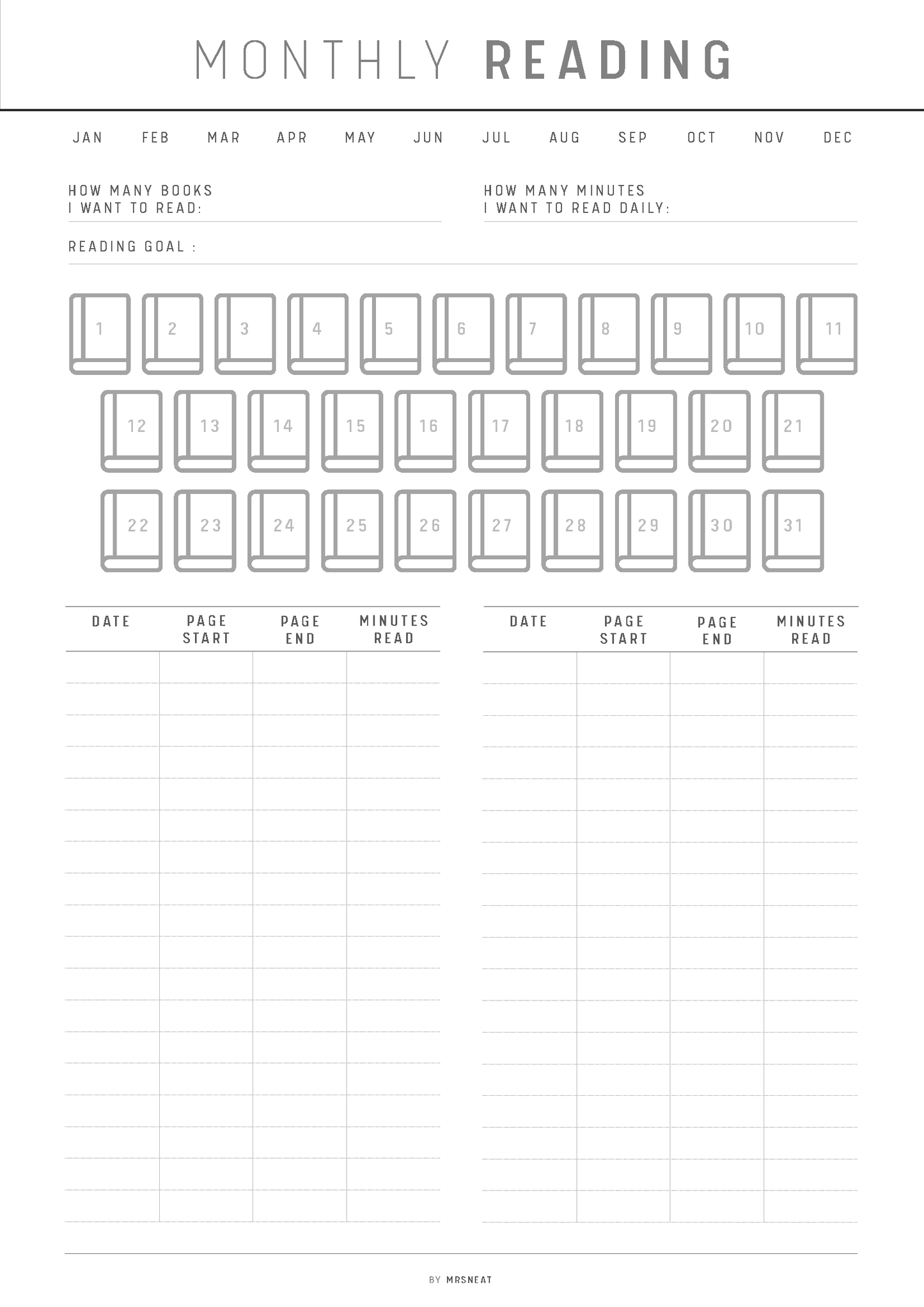 Blank monthly reading log sheet with space for tracking books read and reading time.