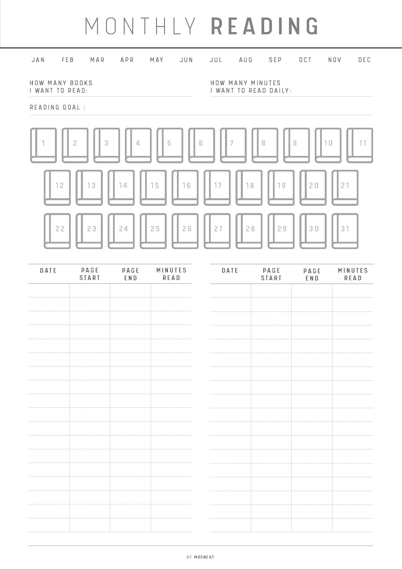 Blank monthly reading log sheet with space for tracking books read and reading time.
