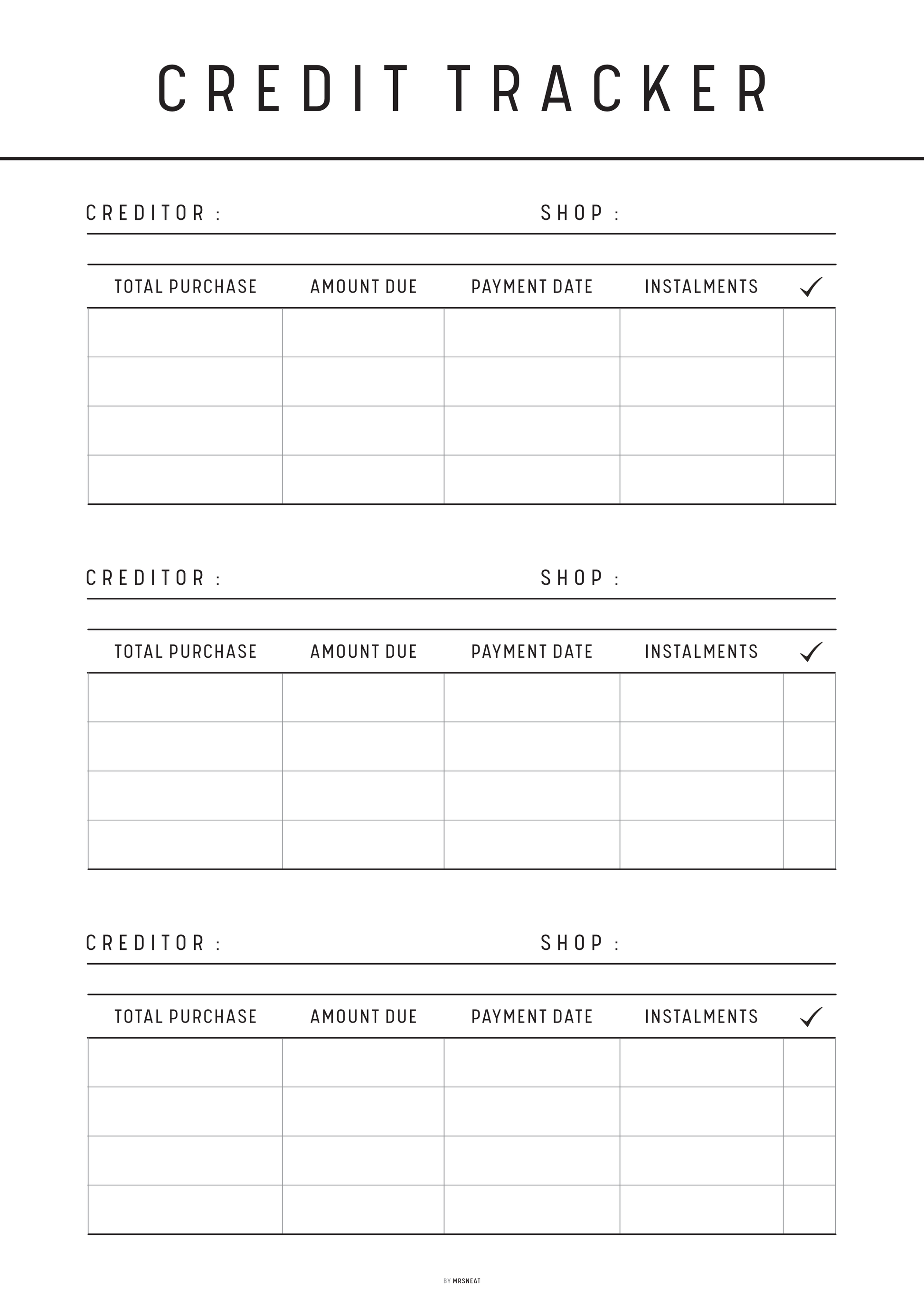 Blank credit tracker sheet with columns for creditor, shop, total purchase, amount due, payment date, and instalments.