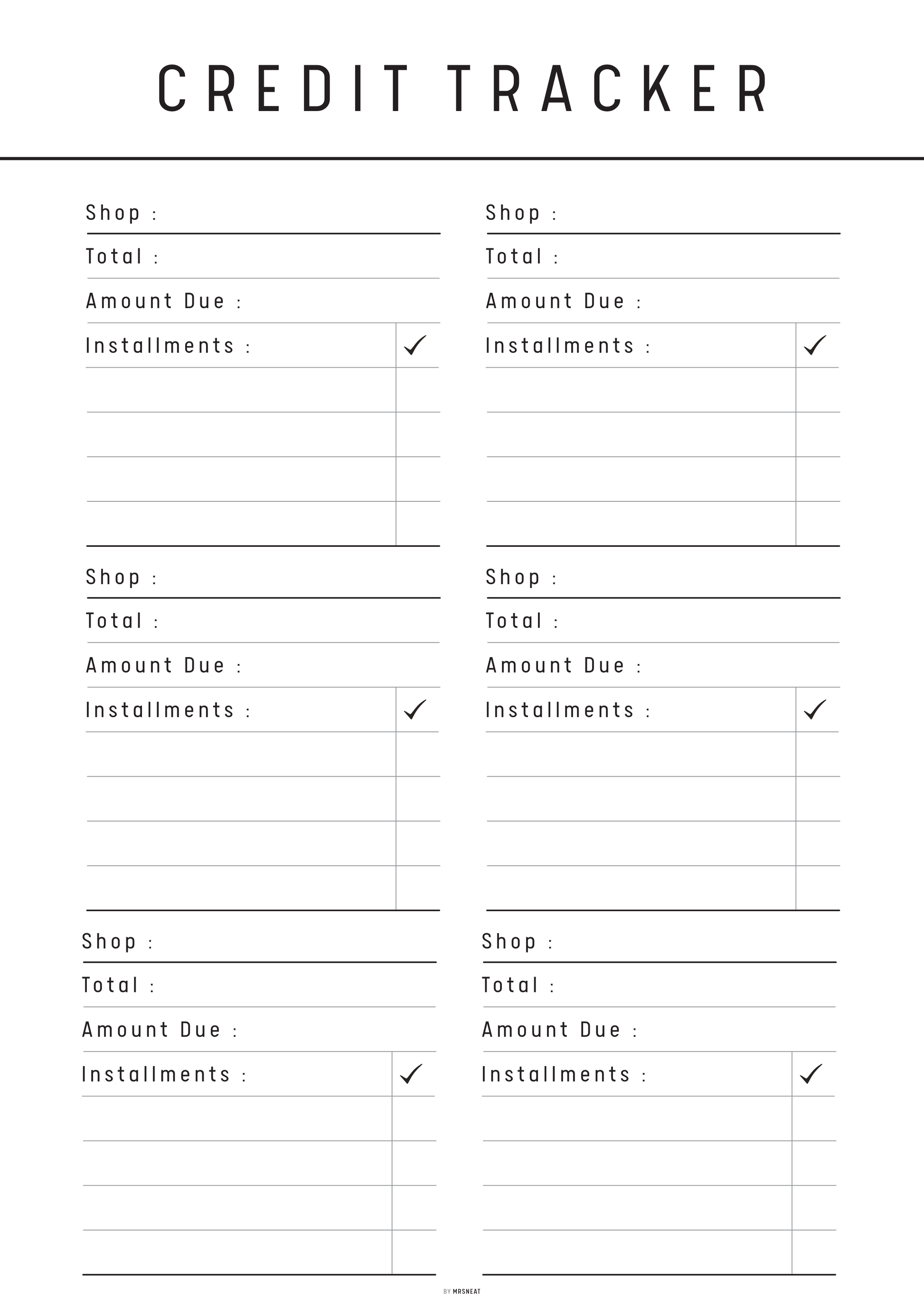 Blank credit tracker form with columns for shops, totals, amount due, and installments.