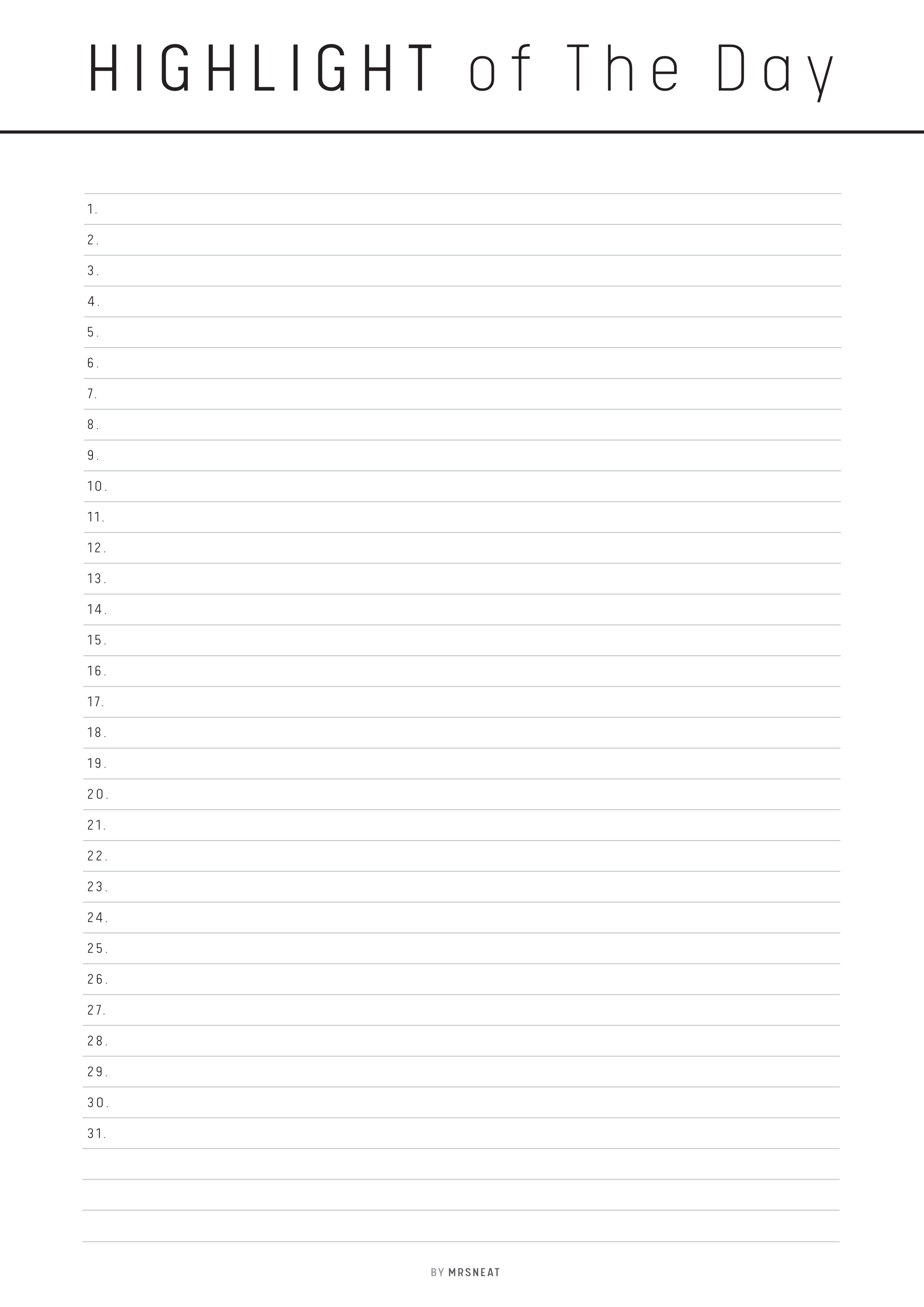 Blank list titled 'Highlight of the Day' with lines for text on a white background