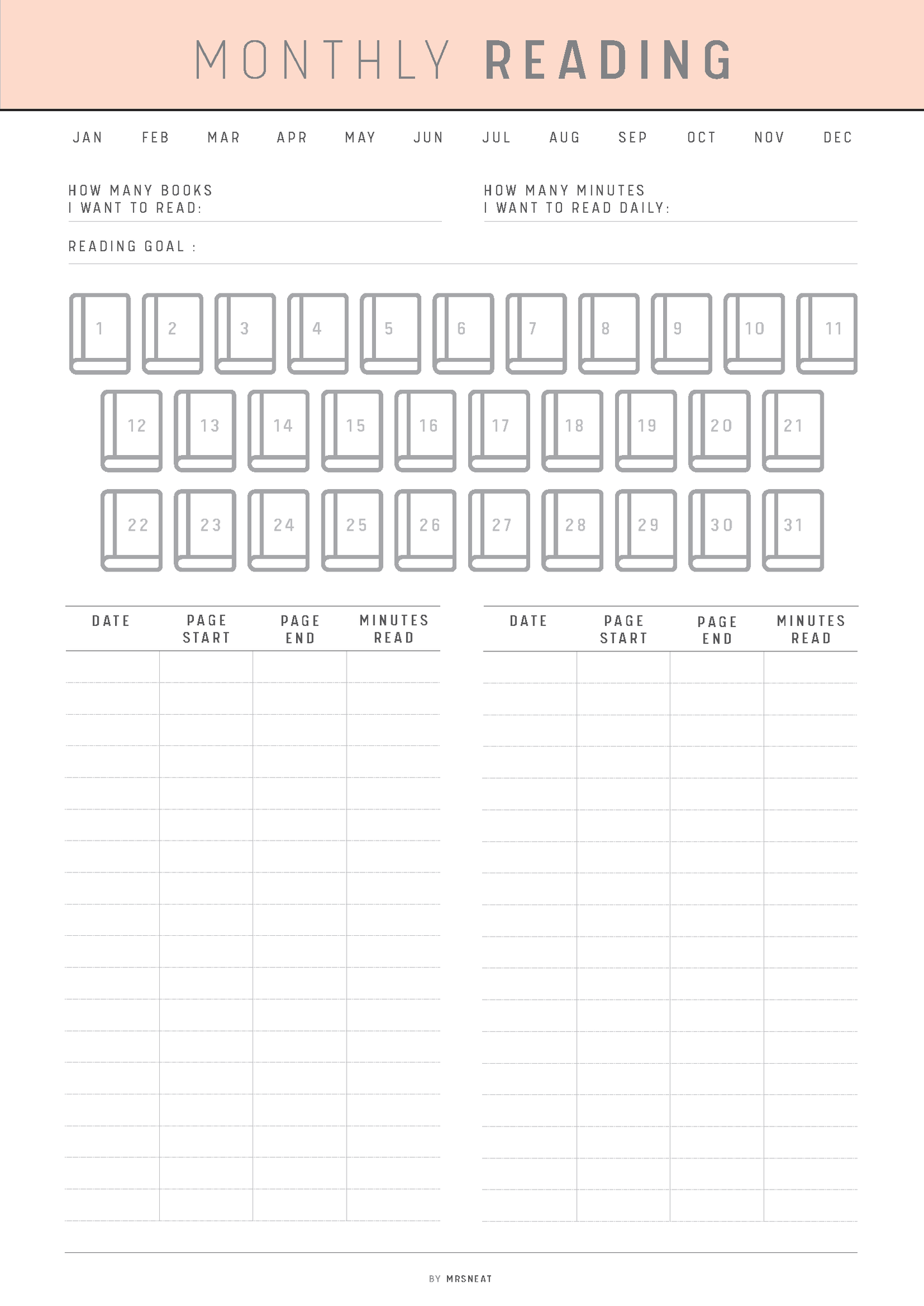 Monthly reading tracker with a pink header on a white background