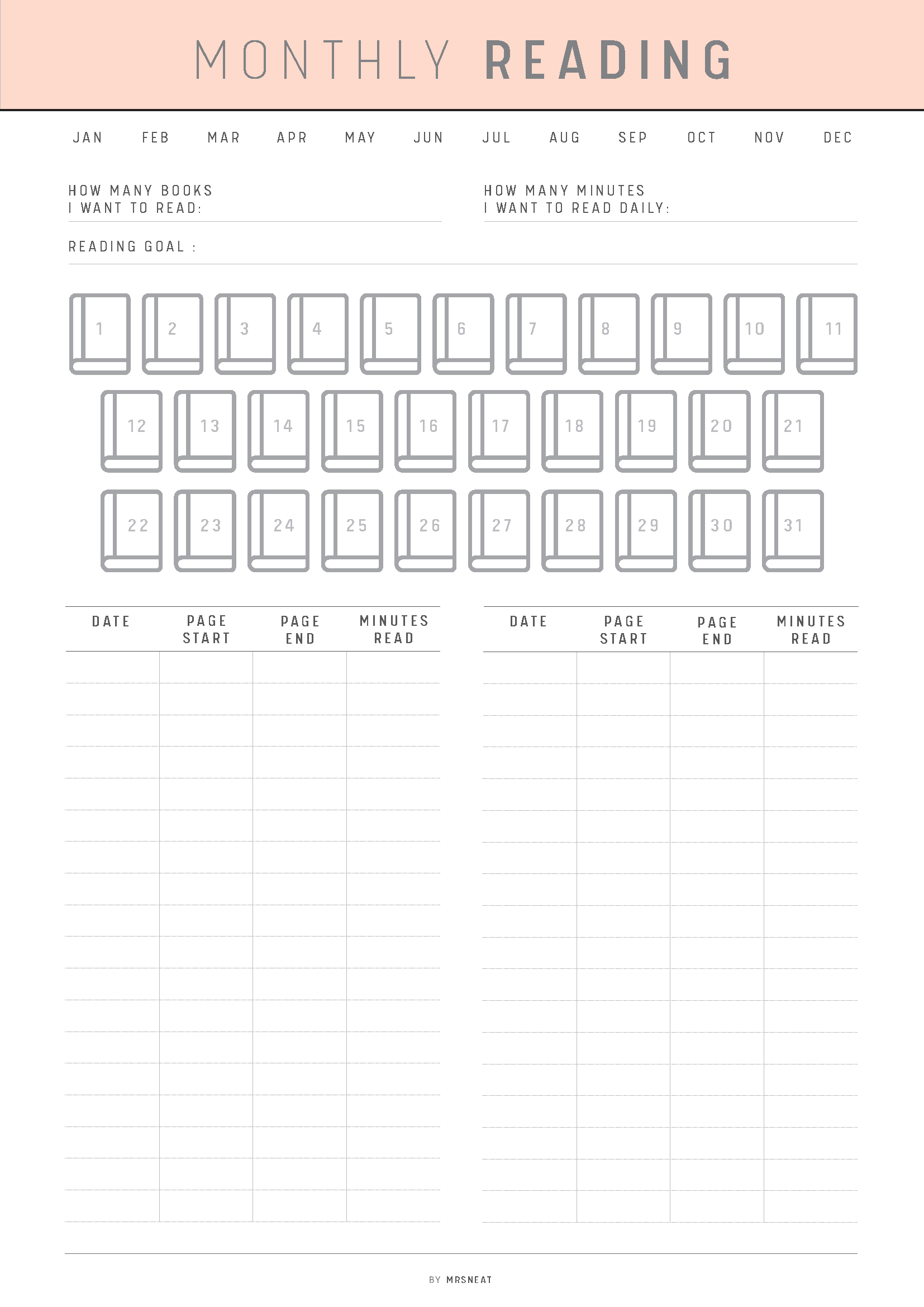 Monthly reading tracker with a pink header on a white background