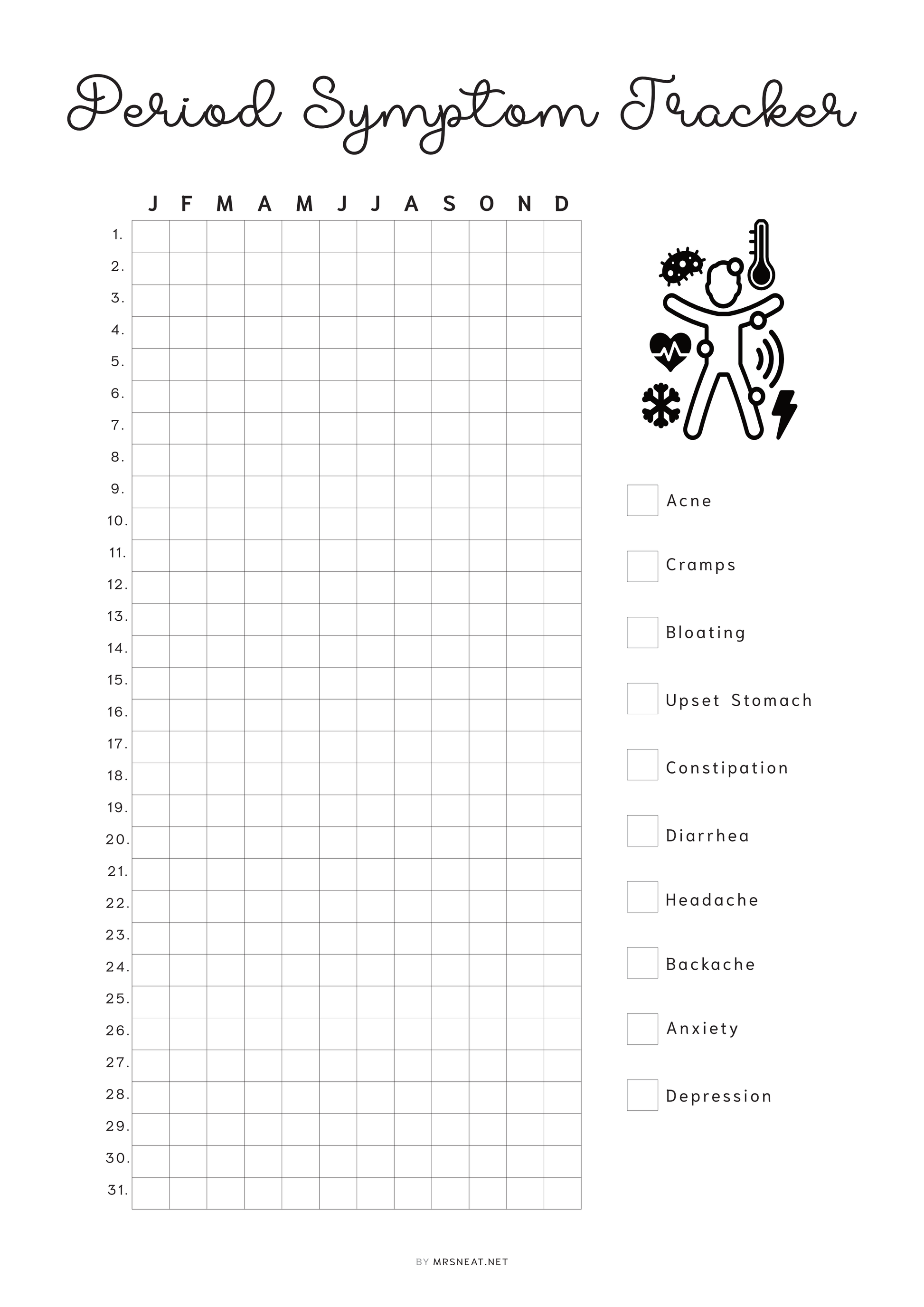 Period Symptom Tracker Printable PDF, A4, A5, Letter, Half Letter, Minimalist Planner, Digital Planner, Pre-filled & Blank