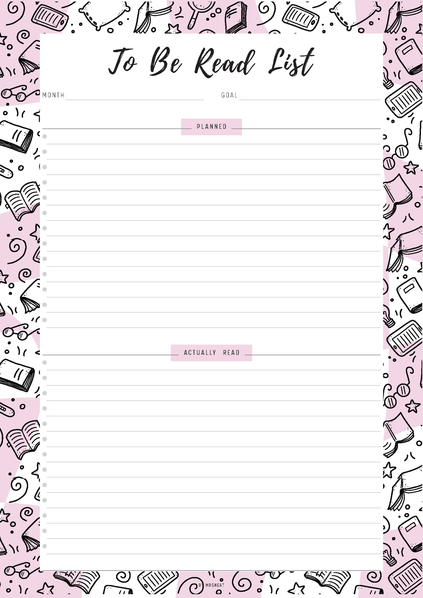 To-Be-Read List planner with book-themed border on a pink background