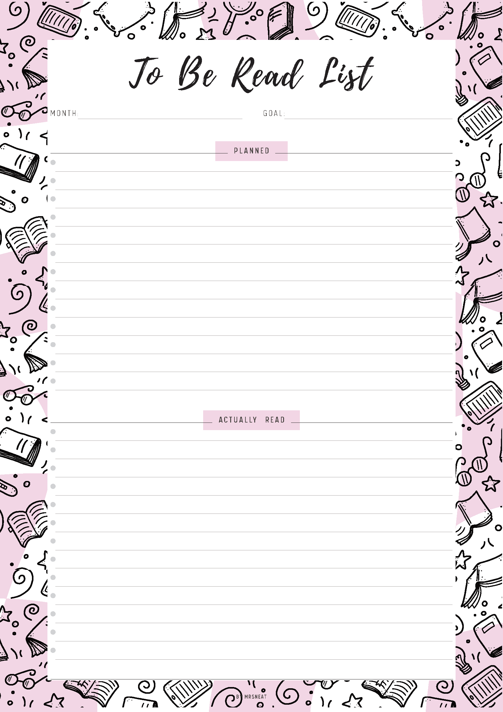 To-Be-Read List planner with book-themed border on a pink background