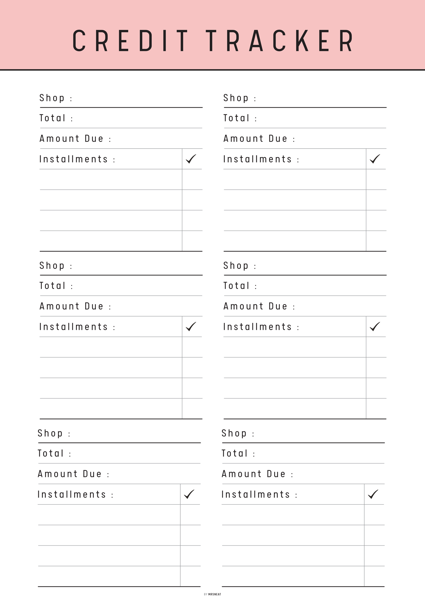 Credit tracker sheet with columns for shops, totals, amount due, and installments on a pink background.