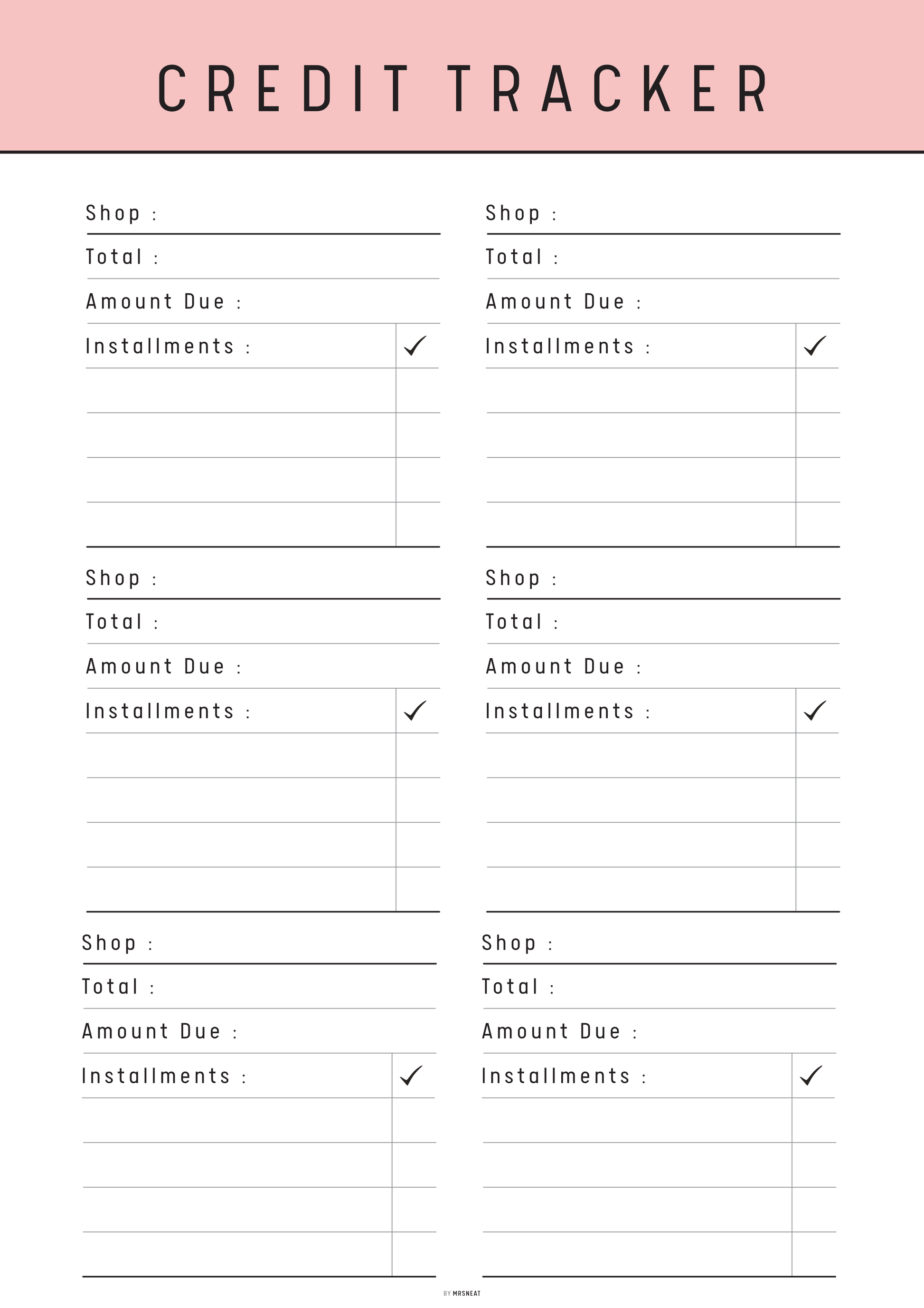 Credit tracker sheet with columns for shops, totals, amount due, and installments on a pink background.