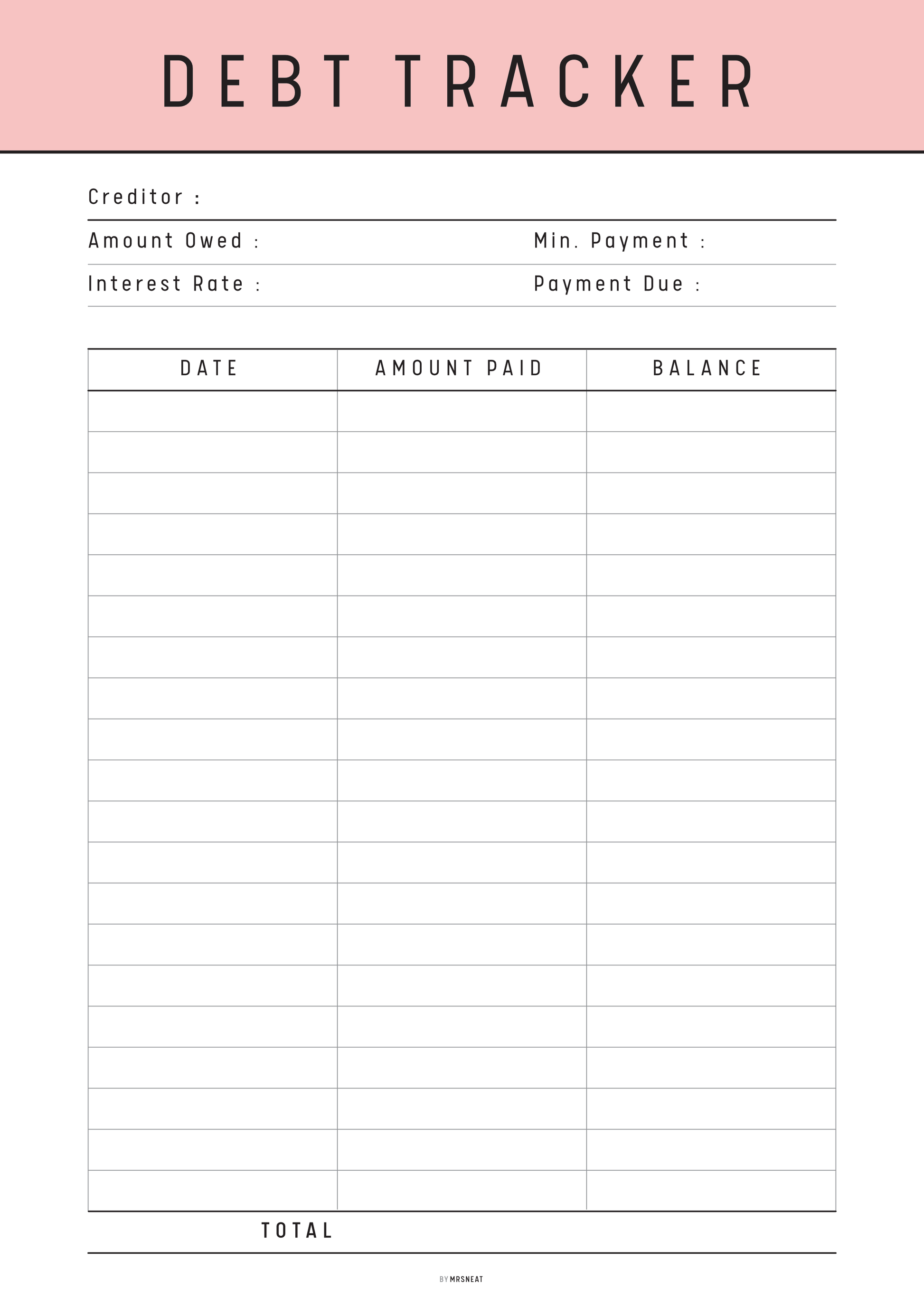 Debt tracker sheet with columns for creditor, amount owed, interest rate, min. payment, payment due, date, amount paid, and balance.