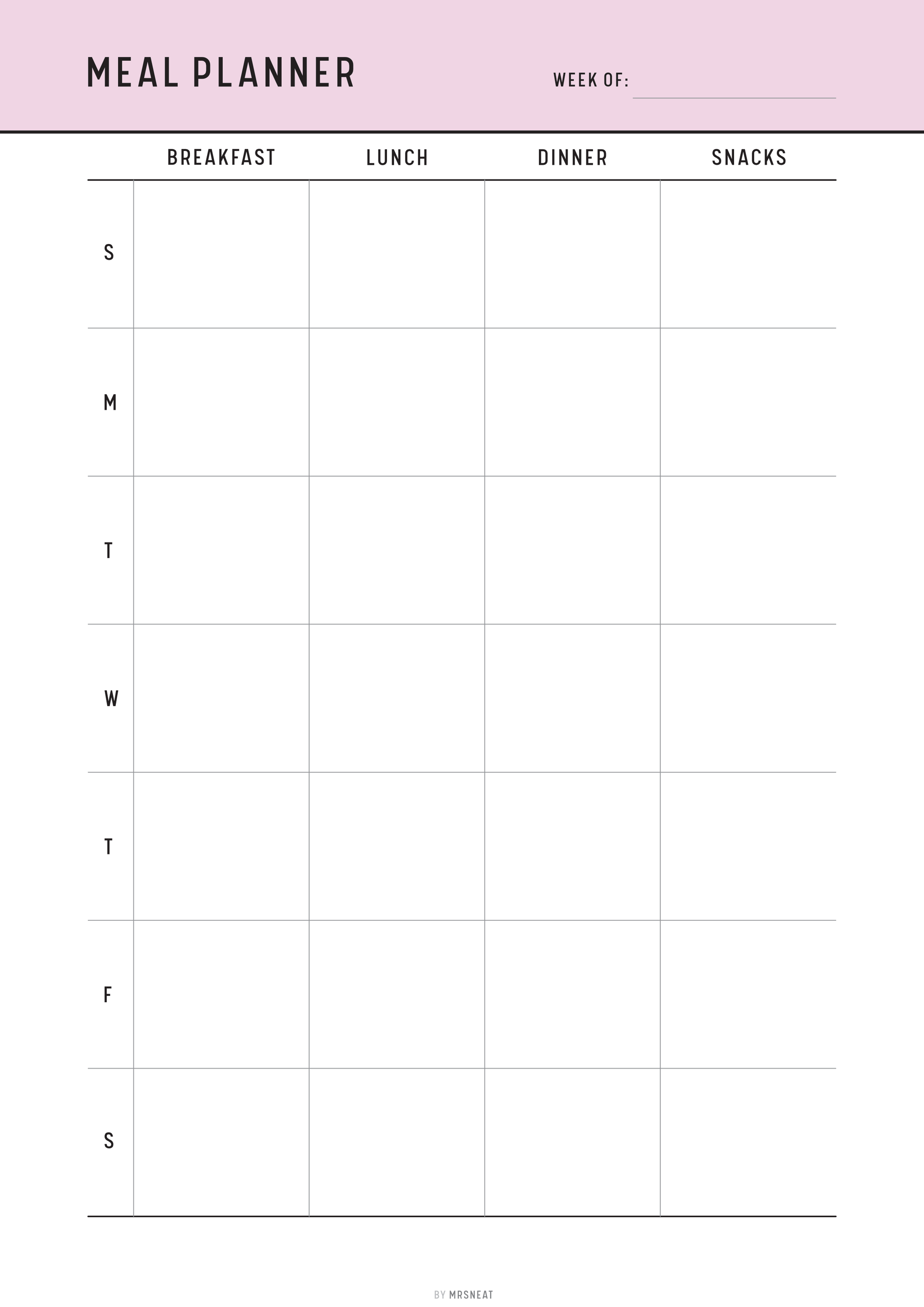 Meal planner template with days of the week and meal categories on a pink top background