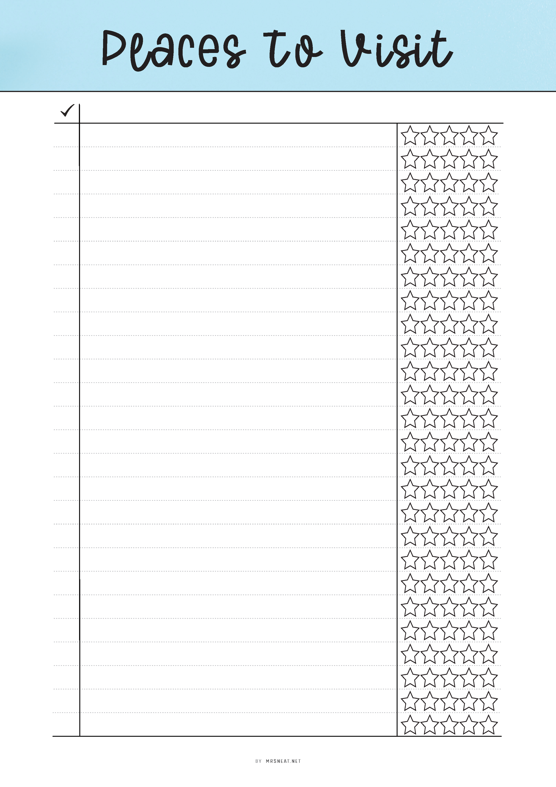 Sheet for 'Places to Visit' with a column for star patterns on a light blue background