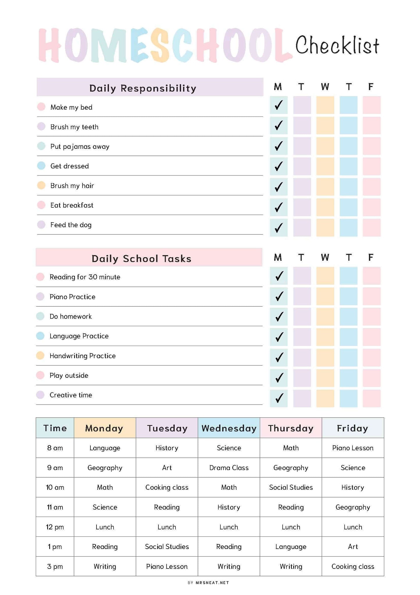 Homeschool Checklist Template PDF, Fillable PDF, Editable PDF, Digital Planner, Printable Planner, A4, A5, Letter, Half Letter, Pre-filled and blank version 