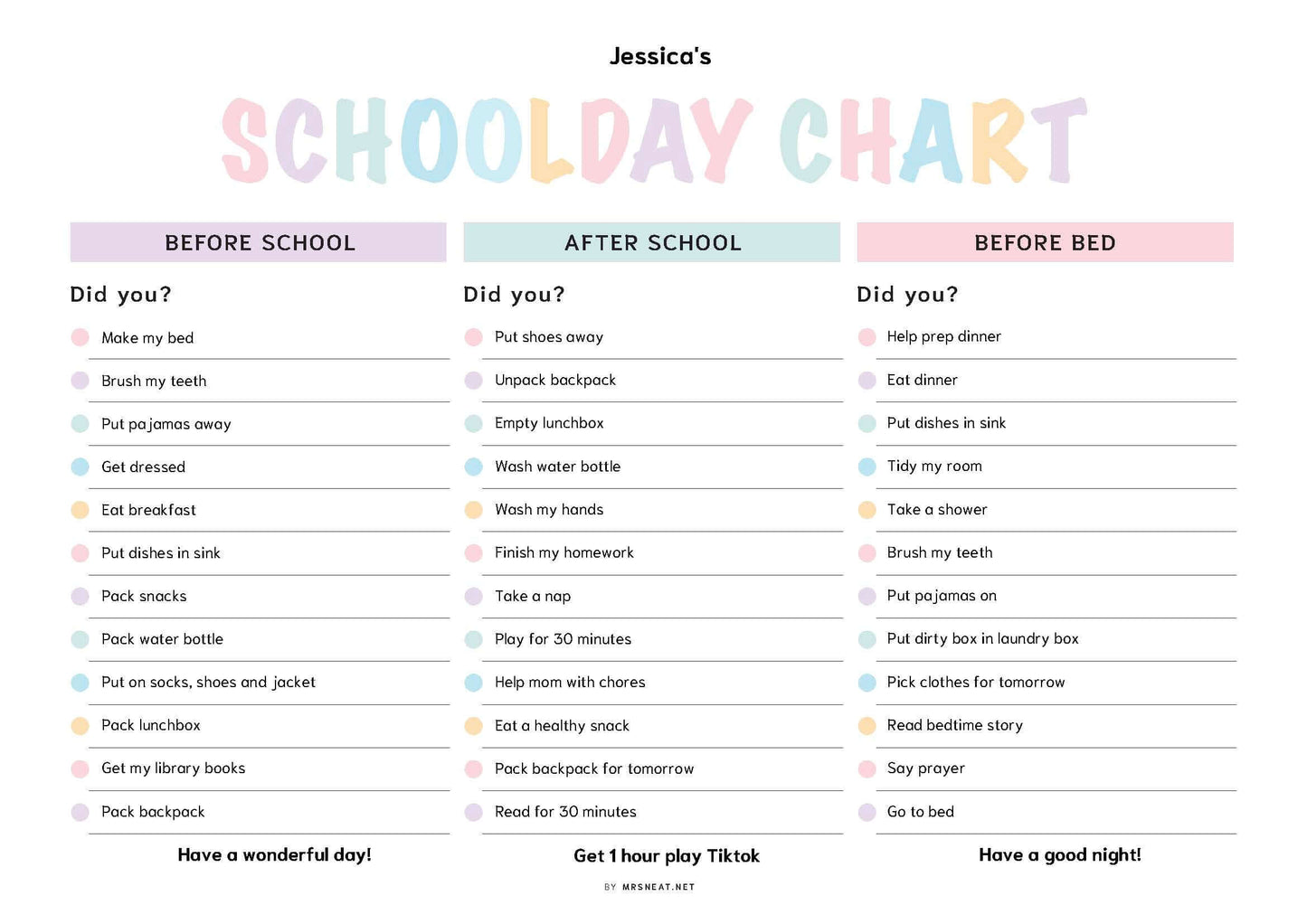 Printable School day chart, landscape, fillable pdf, editable pdf