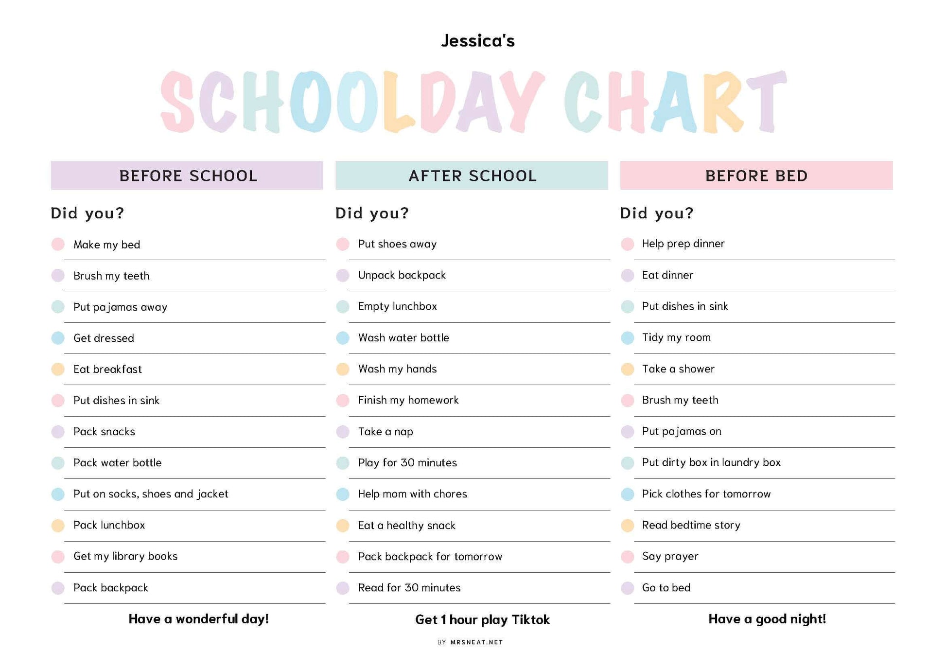 Printable School day chart, landscape, fillable pdf, editable pdf