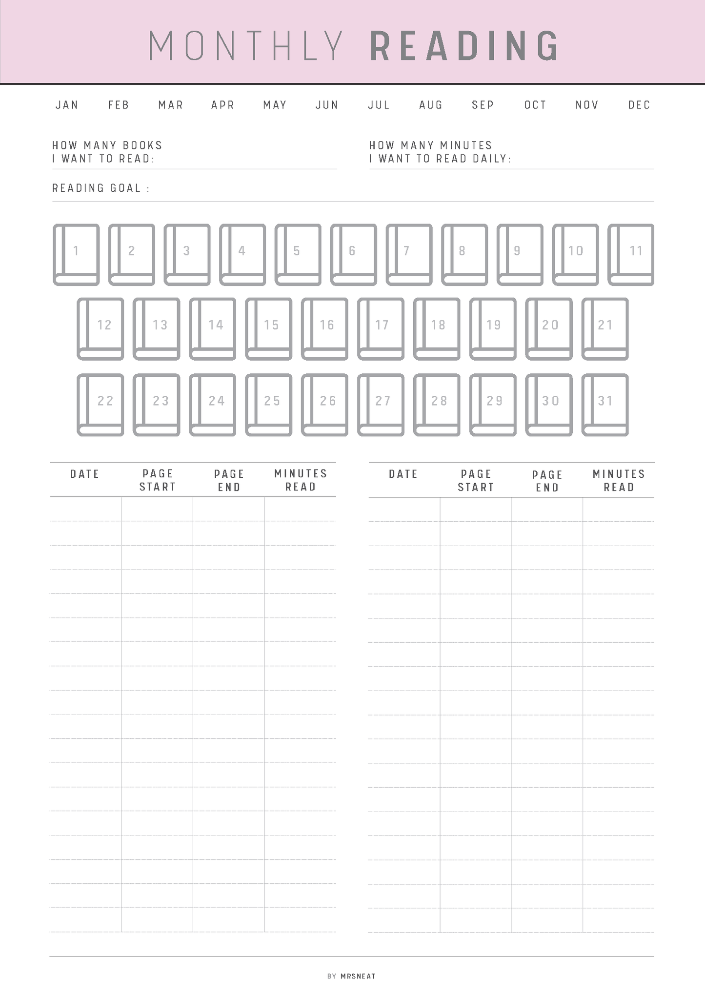Monthly reading tracker with a pink header on a white background