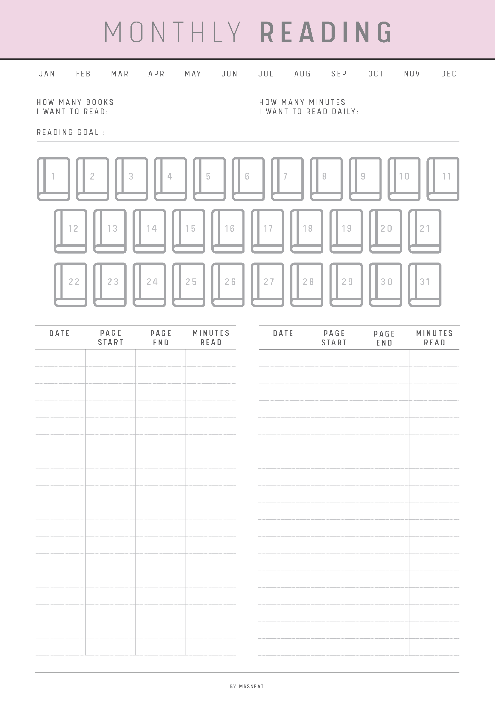 Monthly reading tracker with a pink header on a white background