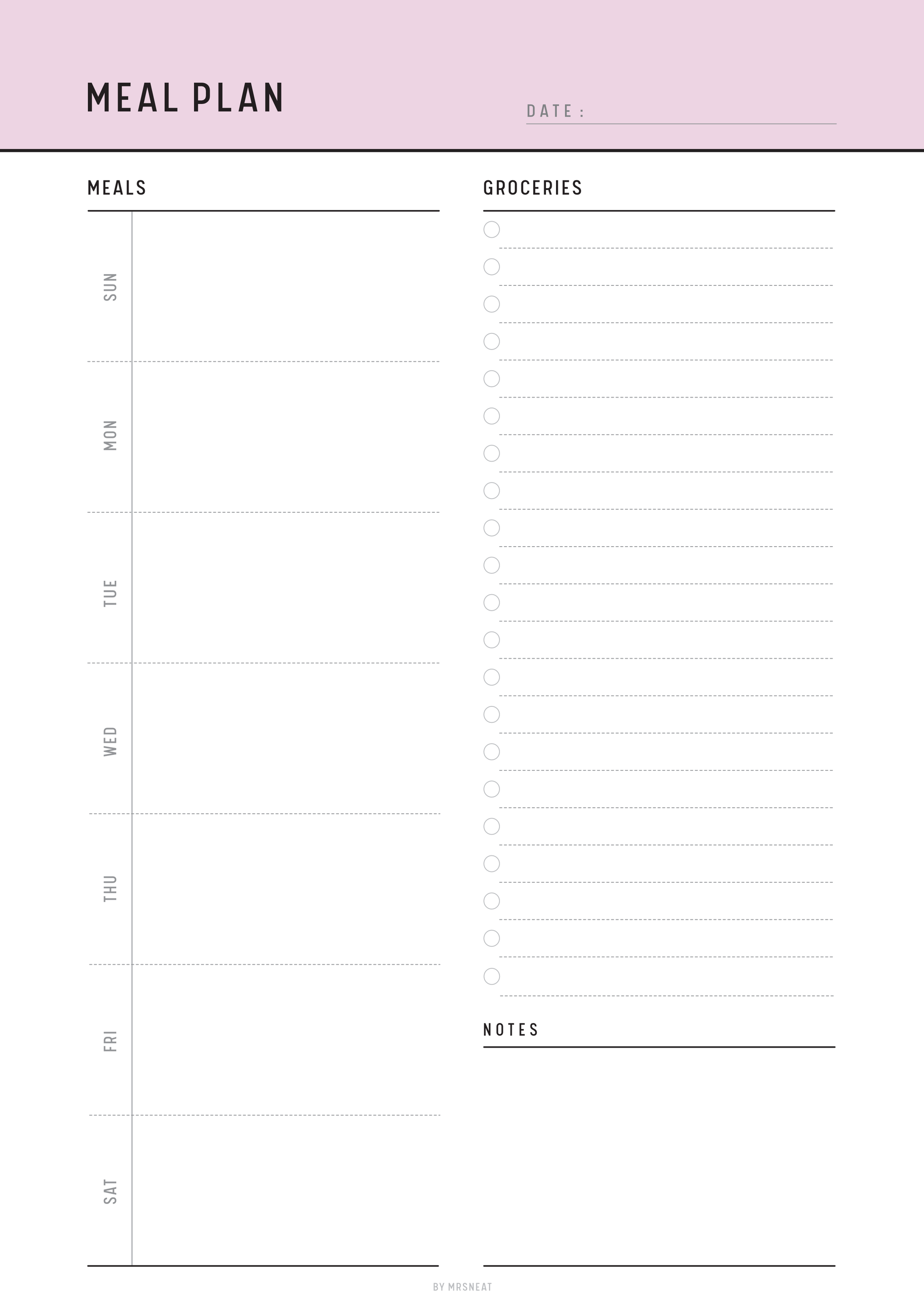 Meal plan and grocery list Sunday start template with a pink header 