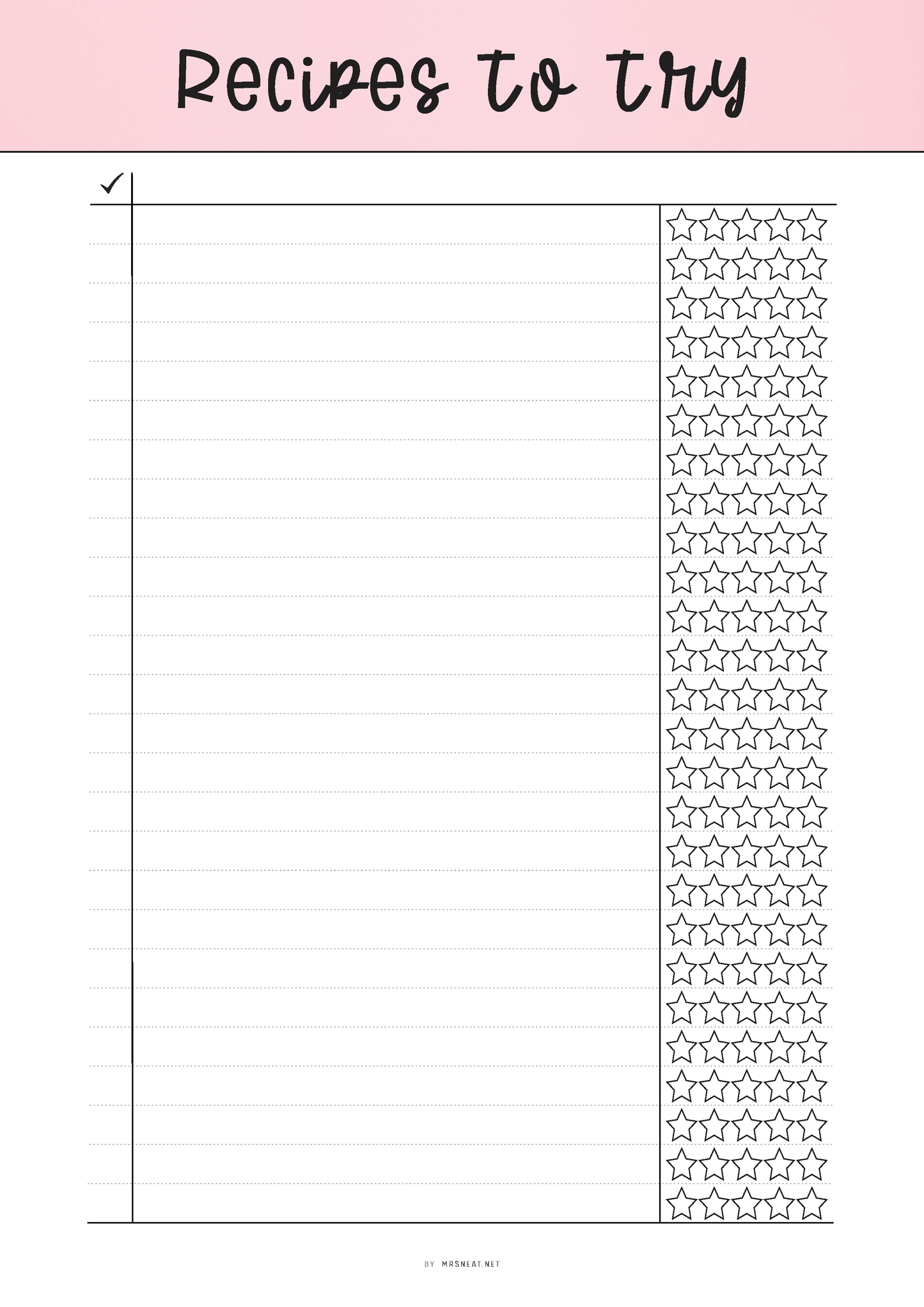 Sheet of paper with 'Recipes to try' text and a vertical list on a pink background