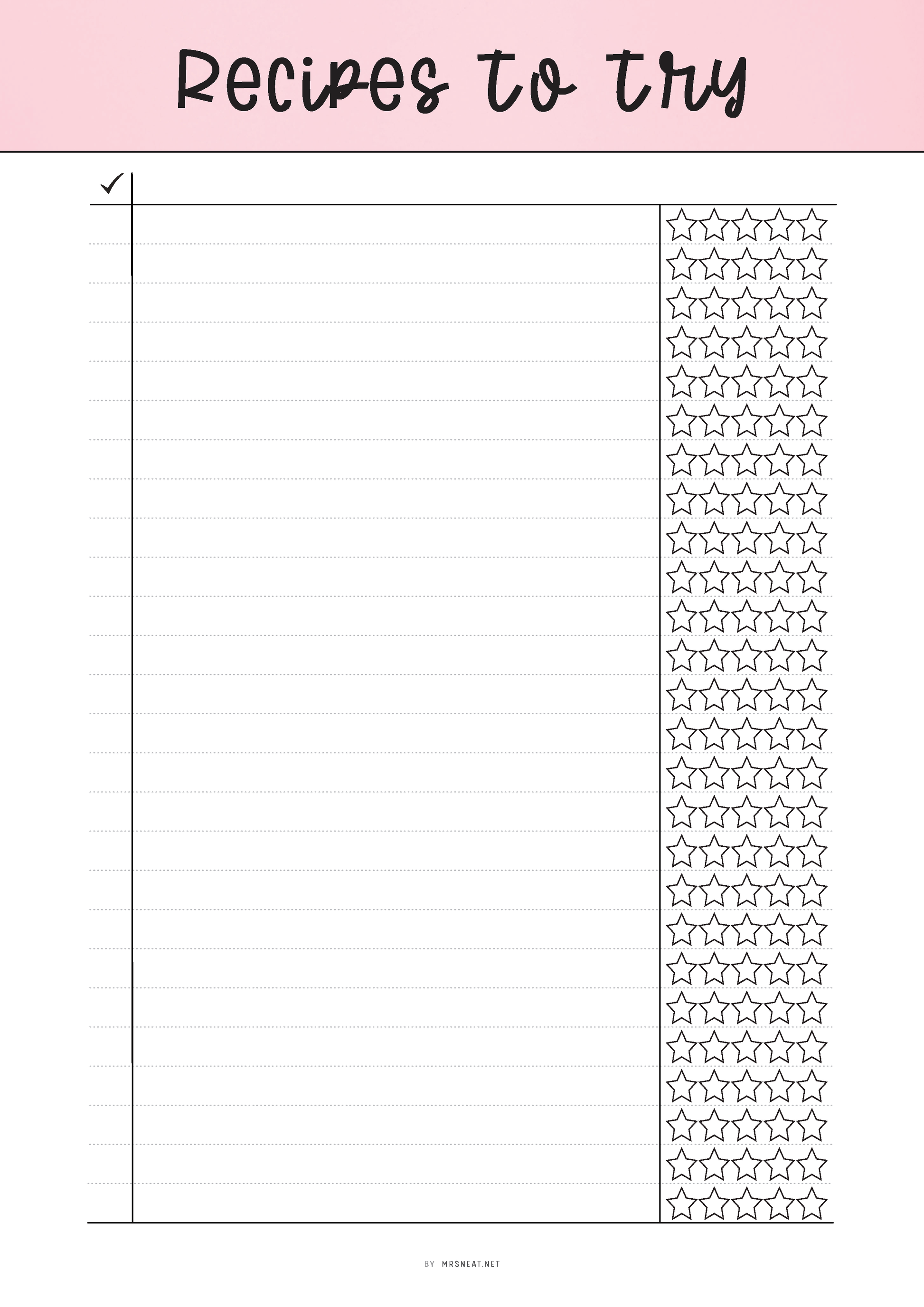 Sheet of paper with 'Recipes to try' text and a vertical list on a pink background