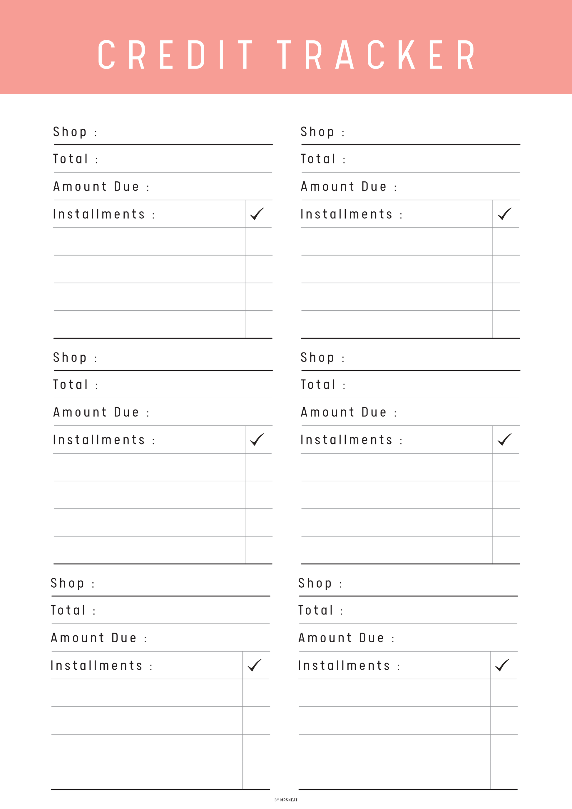 Credit tracker sheet with a pink header and black text on a white background