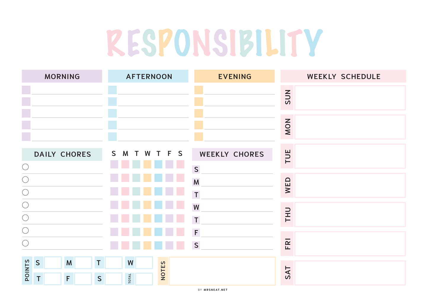 Responsibility chart with daily chores, weekly chores, and points tracker on a white background