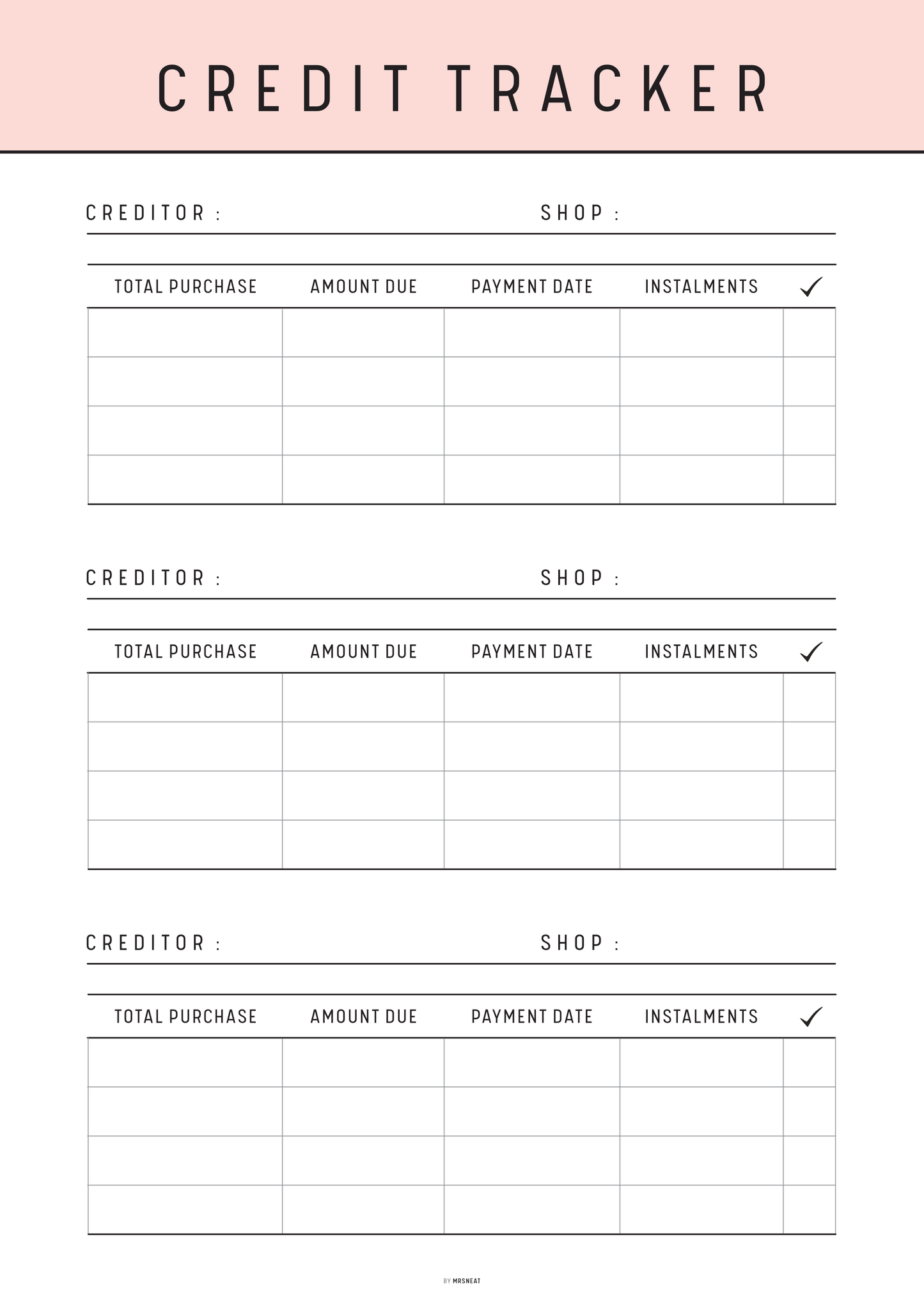 Credit tracker sheet with columns for creditor, shop, total purchase, amount due, payment date, and instalments on a pink background.